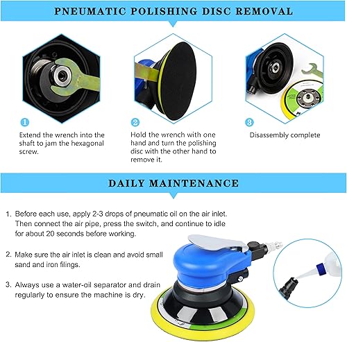 Miniatura 6 de Ouya Lijadoras de órbita aleatorias neumáticas de doble acción con 1 placa de respaldo de 6 pulgadas y 9 papeles de lija