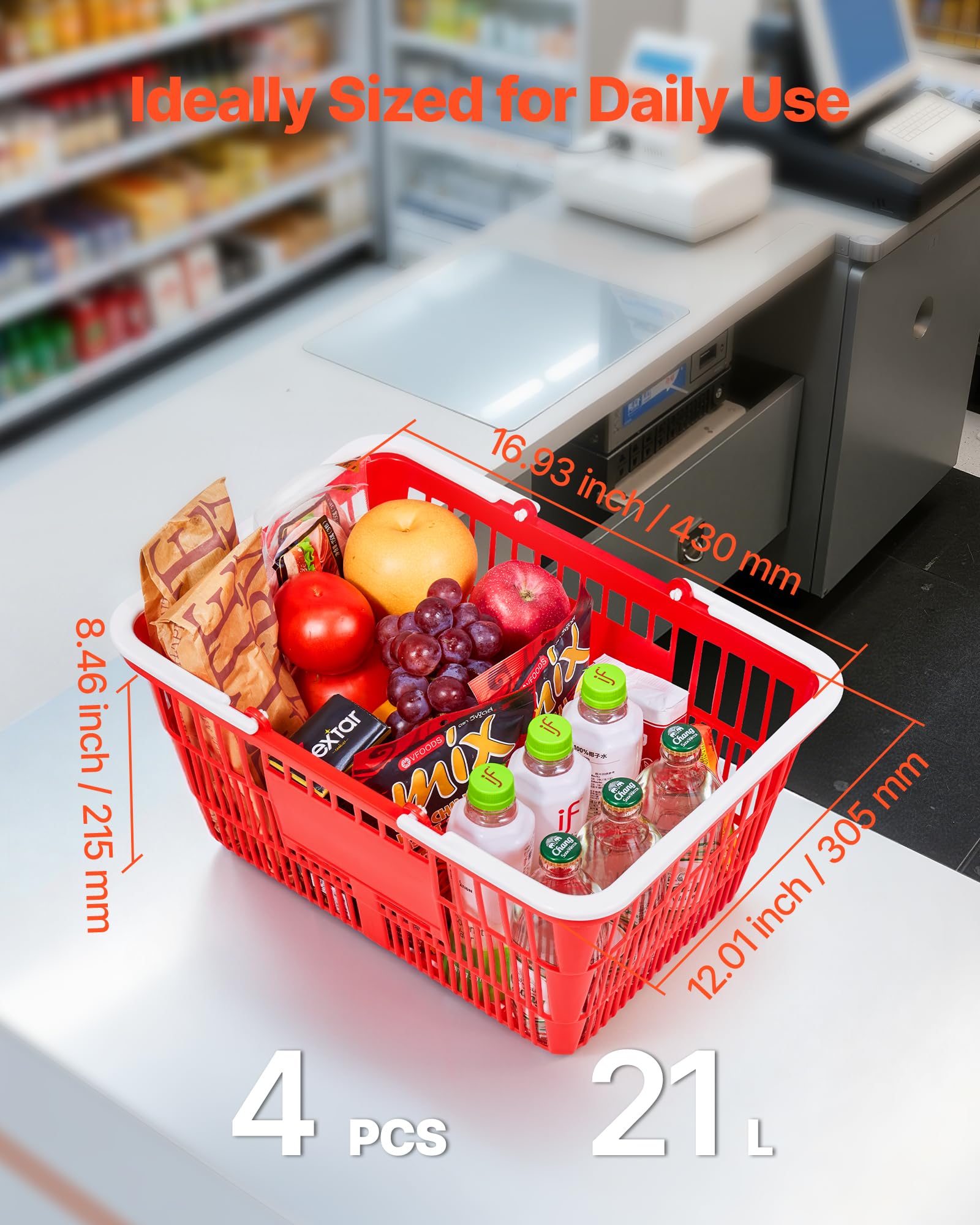 VEVOR Panier de Courses Plastique PE Panier à Provisions Empilables, Lot de 4, 21 L avec Poignées, Structure Maille Dense, Charge 9 kg, pour Épicerie, Vente au Détail, Magasins, Supermarchés, Rouge