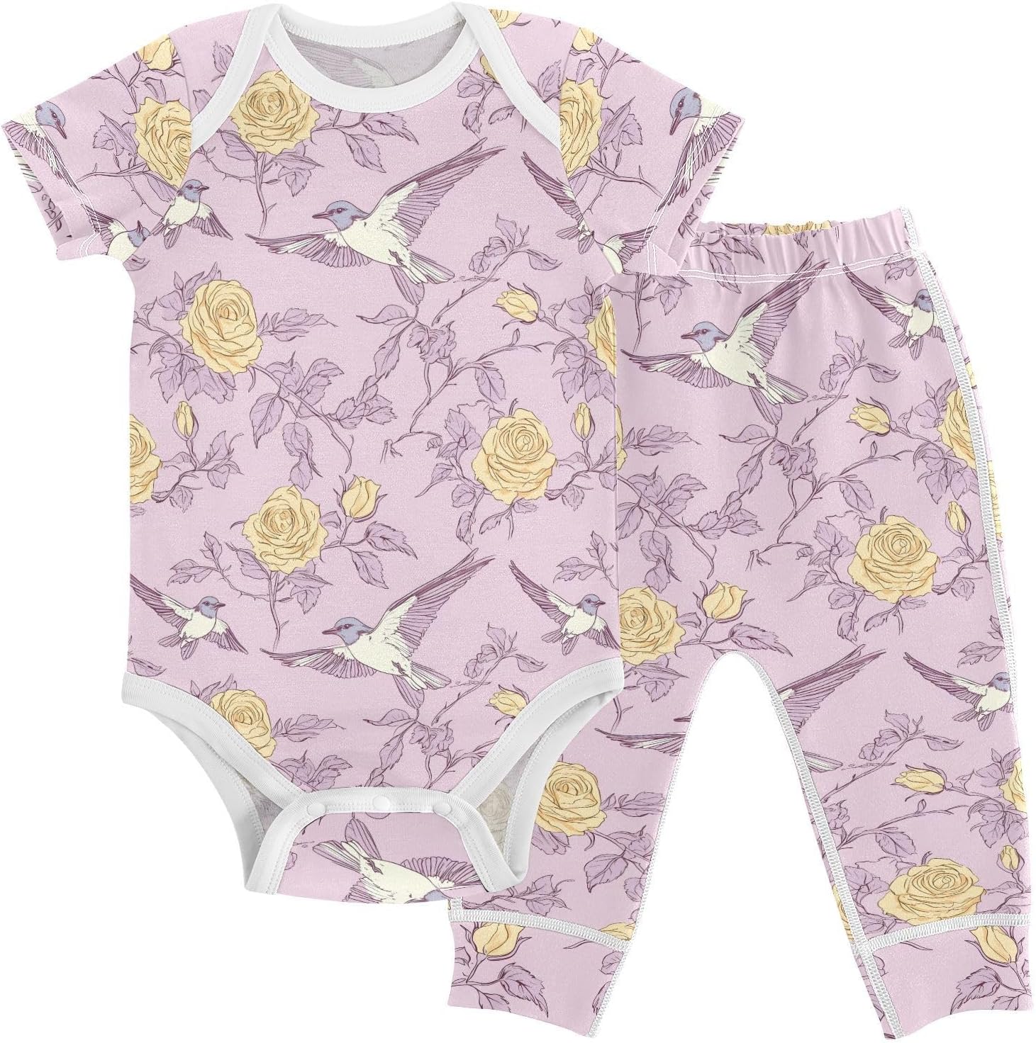 vvfelixl Baby Clothes Yellow Rose Swallow Baby Bodysuits Set Unisex Short Sleeve Babys Pants Sets 0-3M