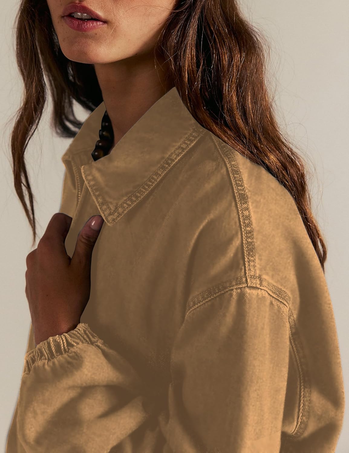 Womens Denim Jackets Long Sleeve Zip Up Elastic Hem Classic Loose Jean Bomber Jacket Outfit - Image 6