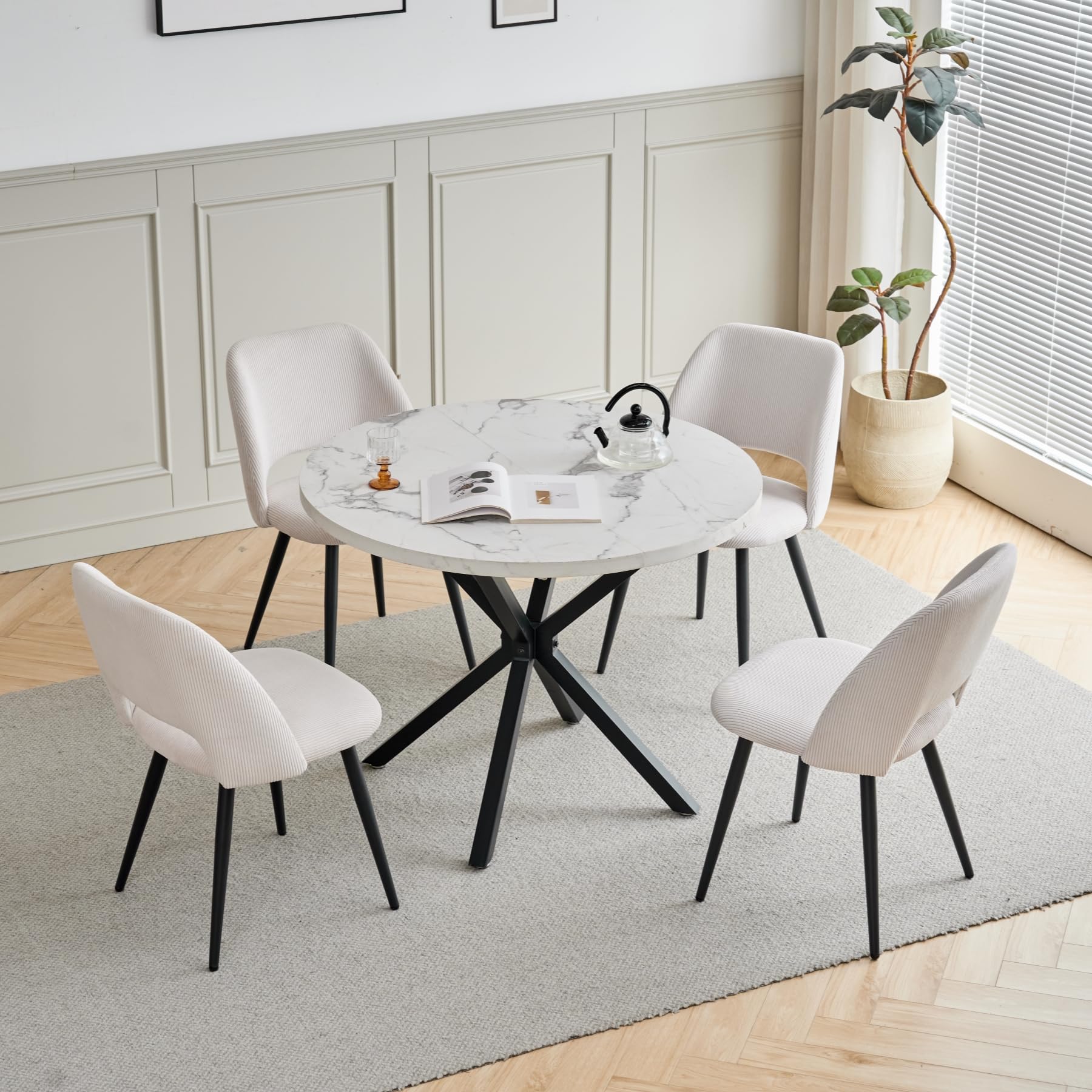 GrandCA HOME Set Tavolo e Sedie da Pranzo,Tavolo Rotondo Moderno da 100 Cm,4 Sedia da Pranzo In Velluto a Coste Traforato,adatto Per Cucina, Soggiorno, Caffetteria(Marmo Nero + Beige)