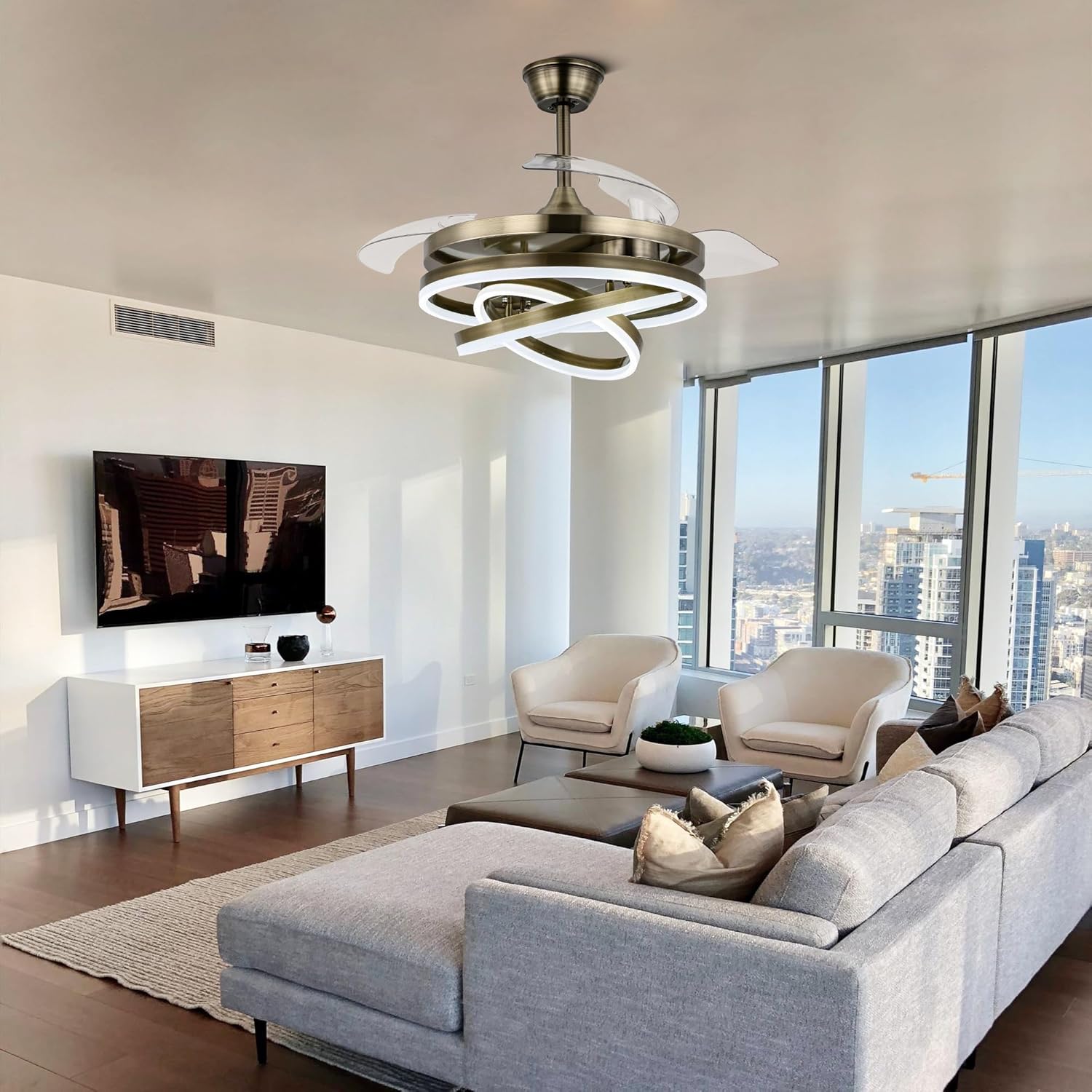 42" Retractable Fandelier Ceiling Fan with Lights Remote - Silent Dimmable Modern 6 Speed LED Chandelier Fan for Bedroom Living Room Kitchen