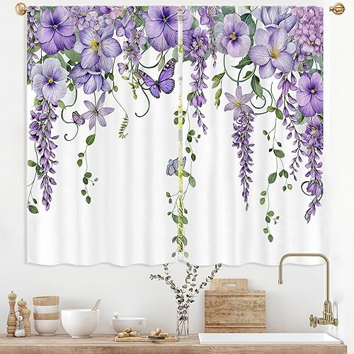 Miniatura 10 de Cortinas de cocina florales azules de 27.5 pulgadas de ancho x 39 pulgadas de largo, 2 paneles con bolsillo para barra, flores silvestres, estilo 03