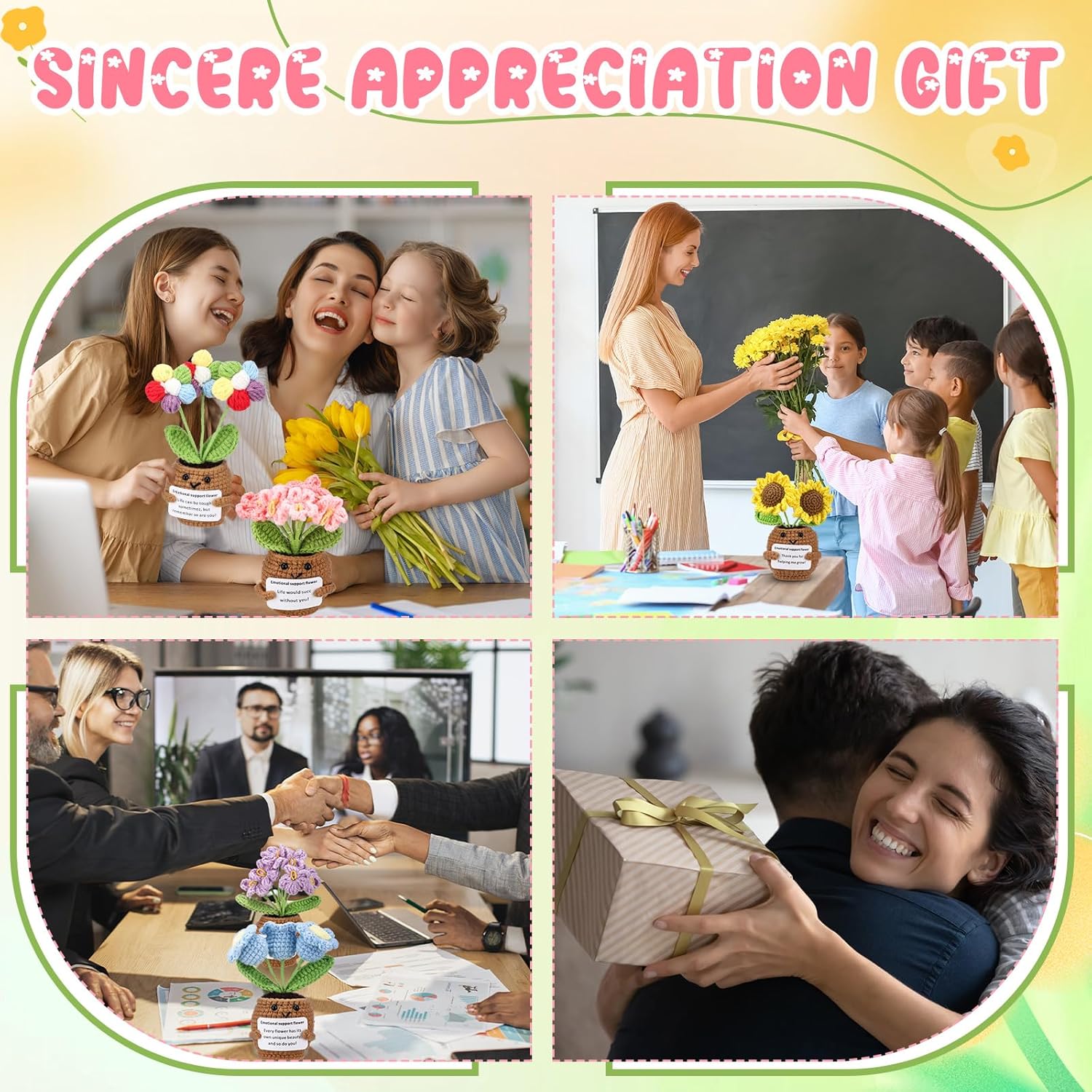 Suncalla 10 Pcs Valentine Crochet Flowers Appreciation Positive Gift Bulk Handmade Knitted Flowers with Positive Quotes for Employee Coworkers Teacher Gifts and Office Desk Decor(Multiple)