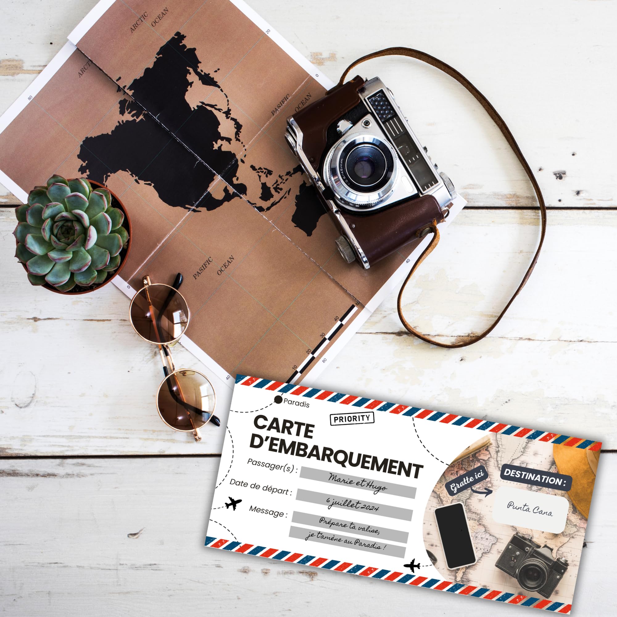 Carte à Gratter Voyage Surprise Personnalisable en Français - Billet d'Avion Annonce Cadeau Anniversaire Noël EVJF EVG - Pack de 2