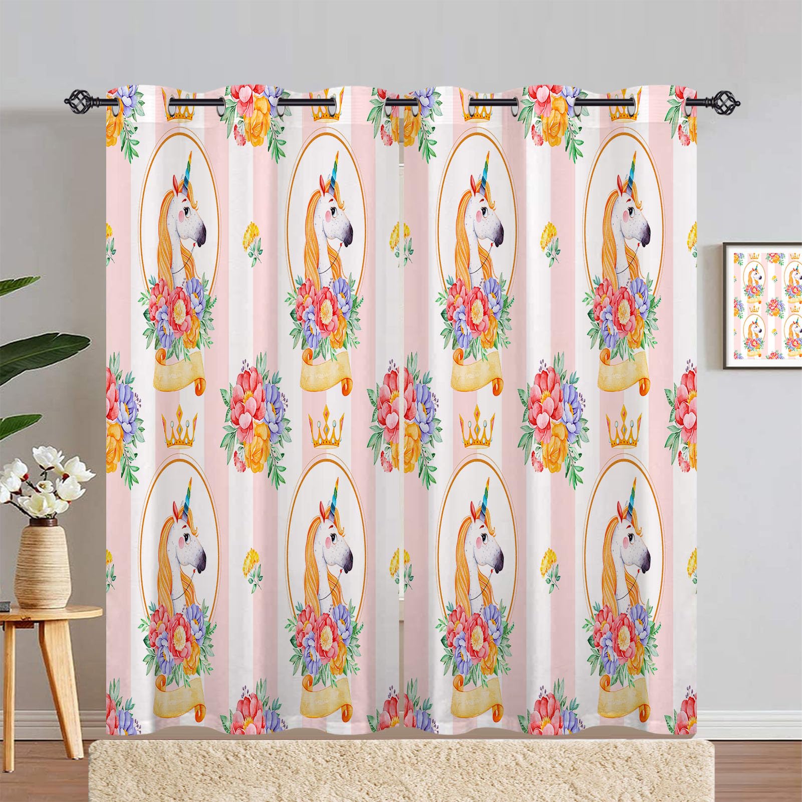 ANHOPE Unicorn Curtains Eyelet Ring Top Soft Thermal Insulated Blackout Curtains Crown Princess Flower Print Pattern Decorative Window Drapes for Girls Bedroom Living Room 66 x 90 Drop Inch 2 Panels — image 1