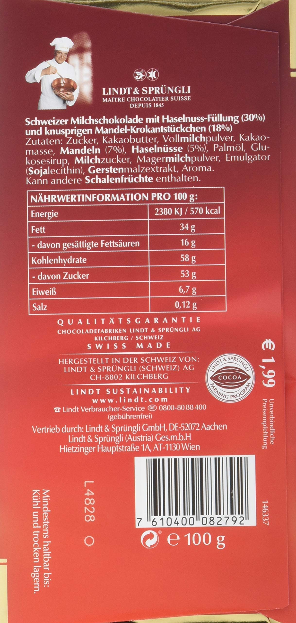 Lindt Schokolade | Cresta Premium Schokoladen Tafel mit knusprigem Mandelkrokant und Praliné-Creme | 12er pack (12 x 100 g)