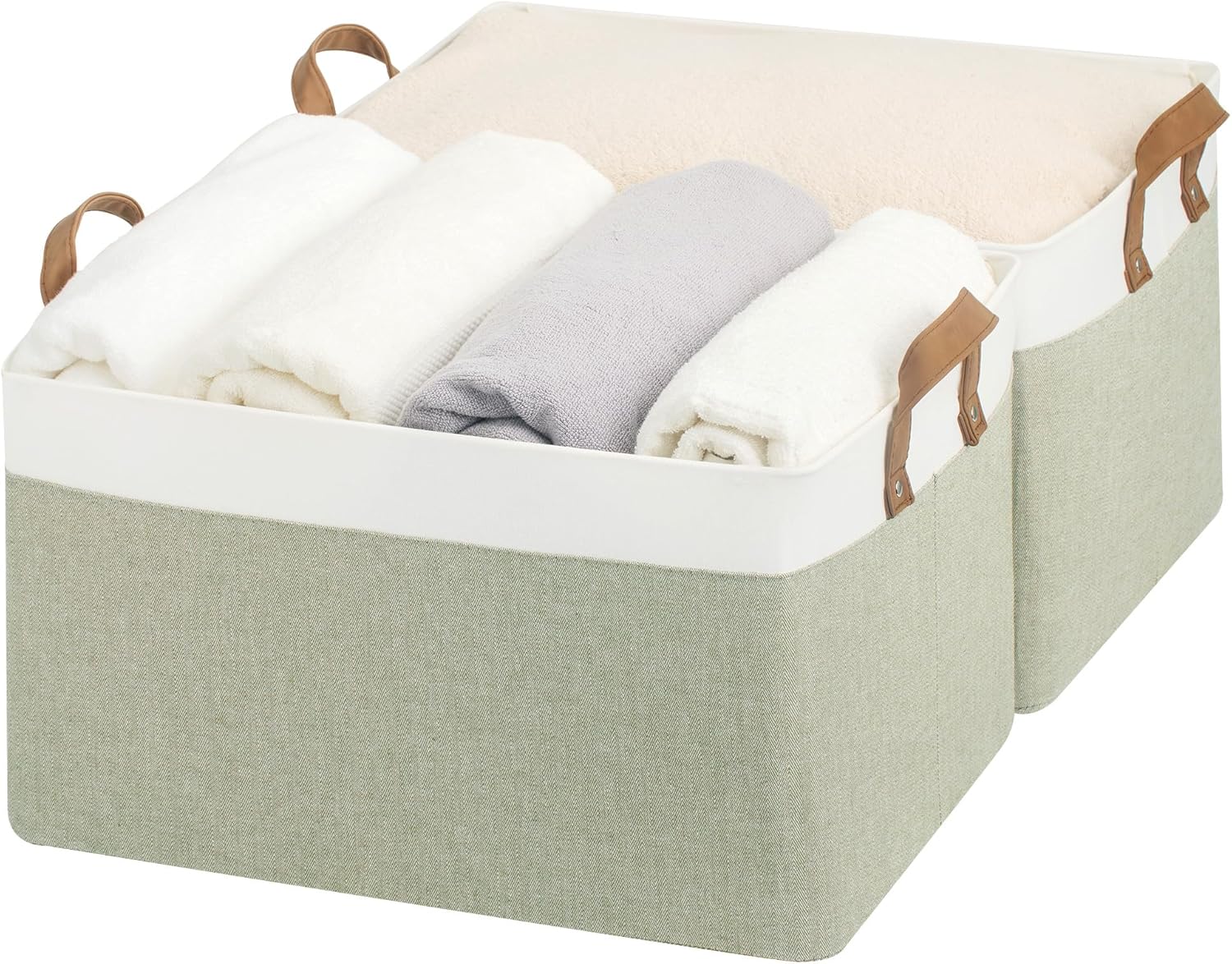 storageworks storage bins, fabric storage bins for shelves, extra large storage baskets with metal frame, closet baskets and bins with handles, jumbo, green and white, 2-pack green and white 19" l x 13 ¼" w x 11" h