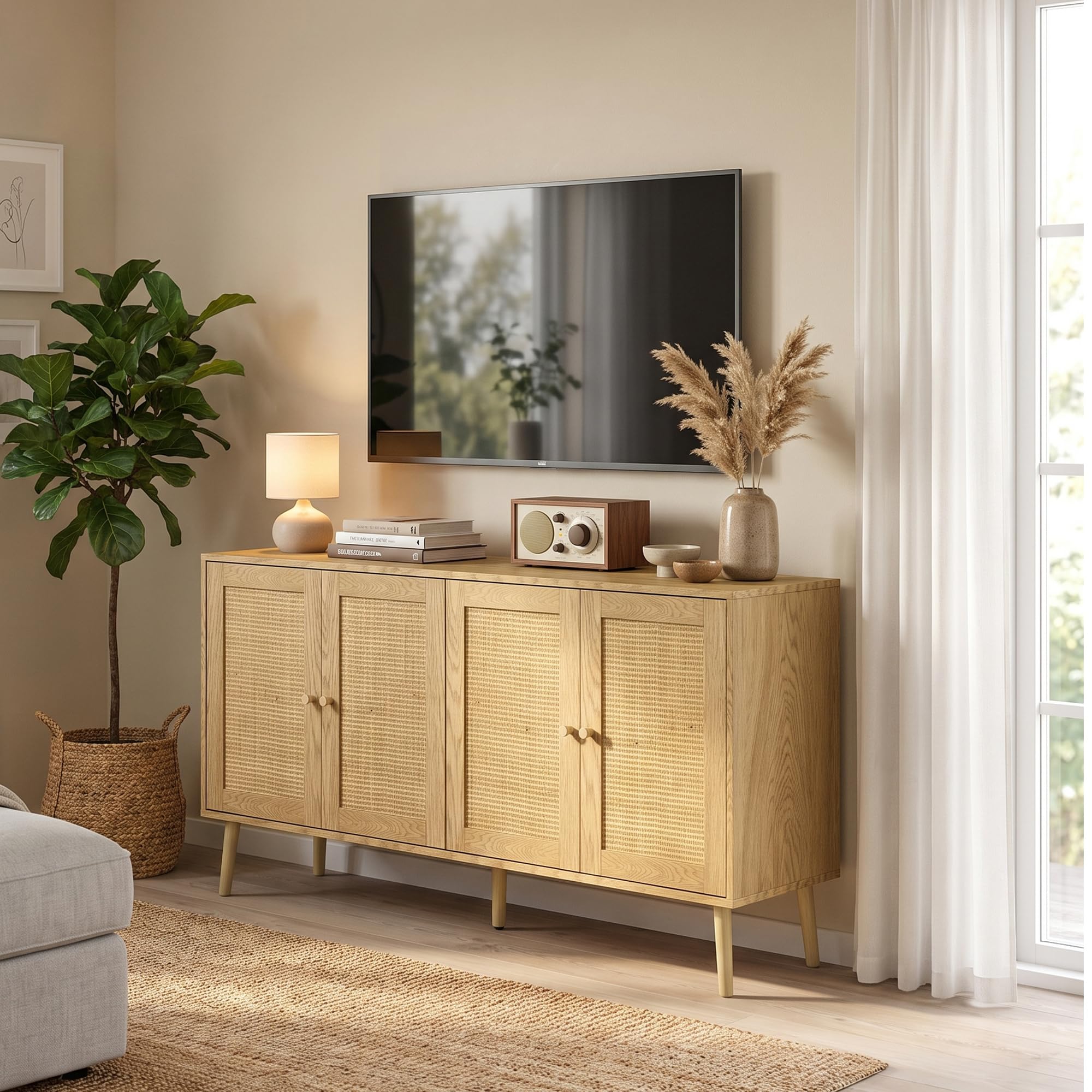 HOMCOM Sideboard Küchenschrank mit 4 Soft-Close-Türen 140x40x75 cm Natur