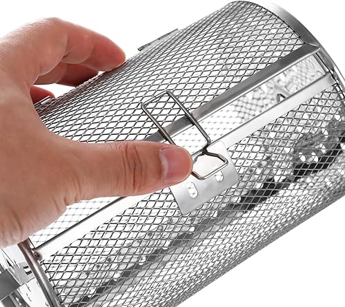 Miniatura 9 de Cabilock Cesta redonda de acero inoxidable para parrilla de asador, jaula de horno para freidora de aire, herramienta rotativa, cesta de asador,