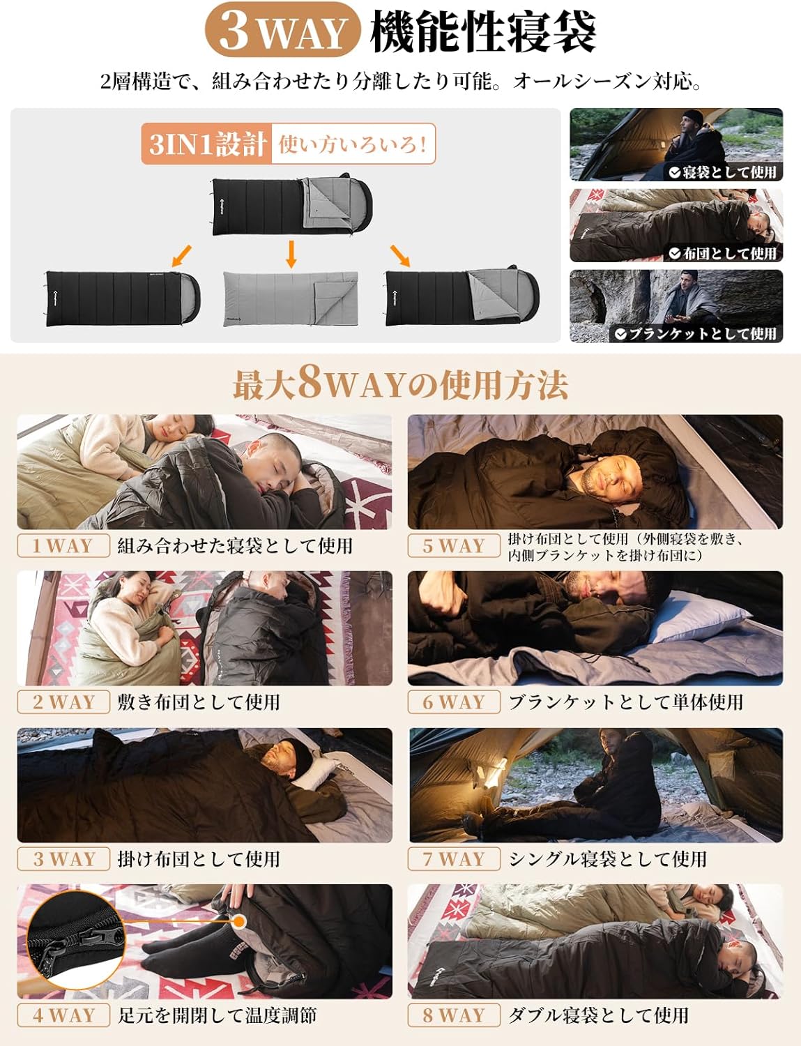 GENERIC 収納バッグ付きダウン寝袋 断熱封筒型寝袋 キャンプ用