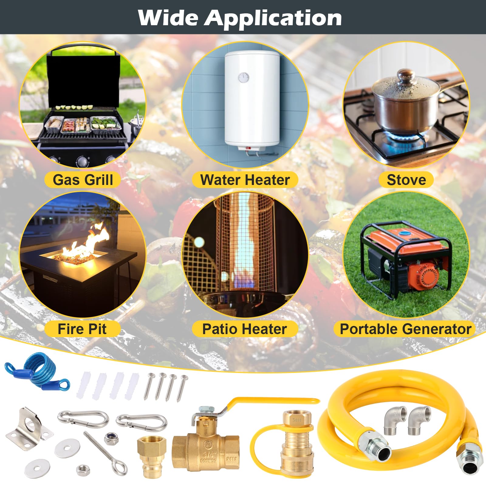 Wayona Manguera de gas de 3/4 pulgadas con accesorios de conexión rápida, kit de conector de línea flexible de gas de 48 pulgadas, kit de sistema de seguridad 1675kit48, manguera de línea de gas
