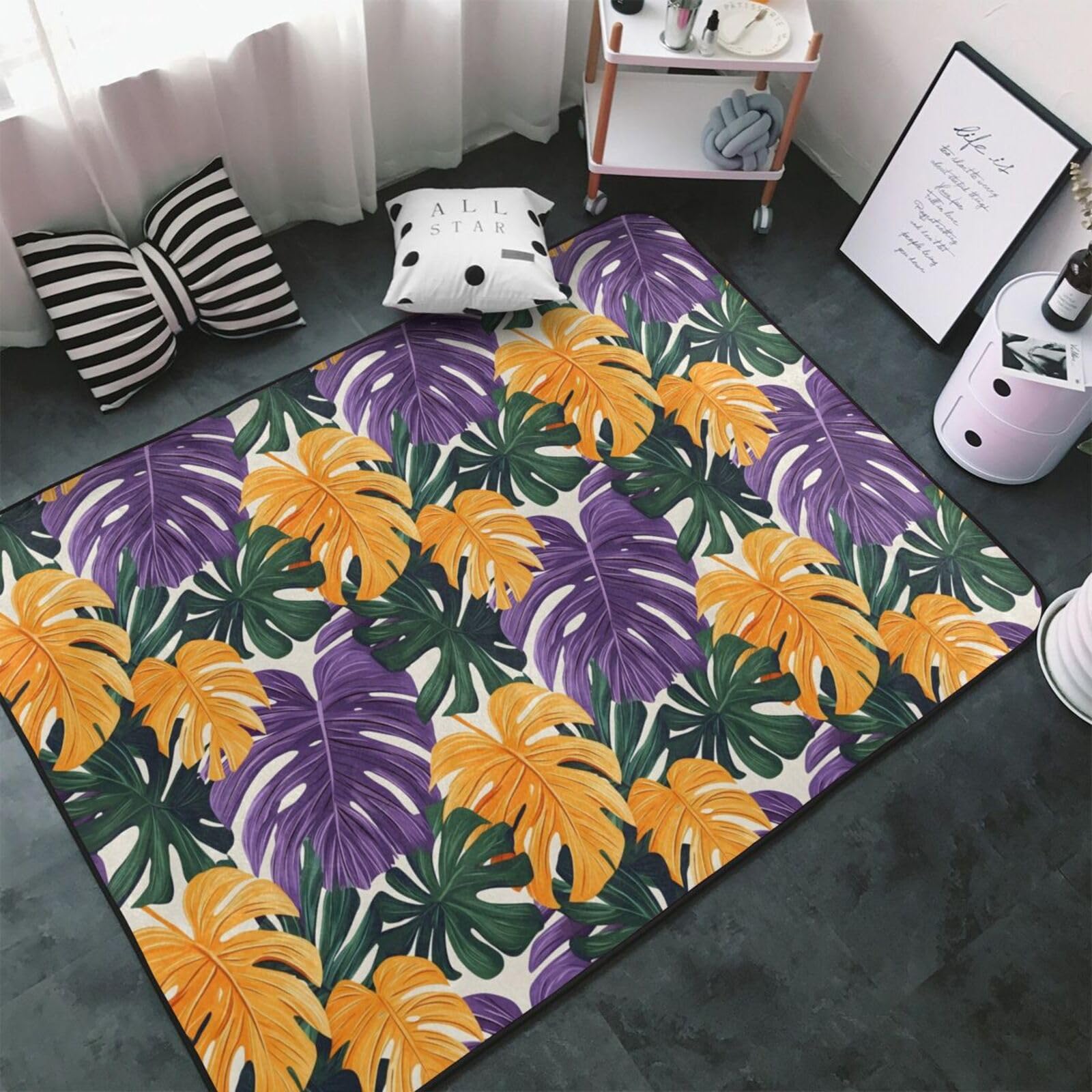 Tapis de salon lavable motif exotique 152x99cm avec envers antidérapant chambre