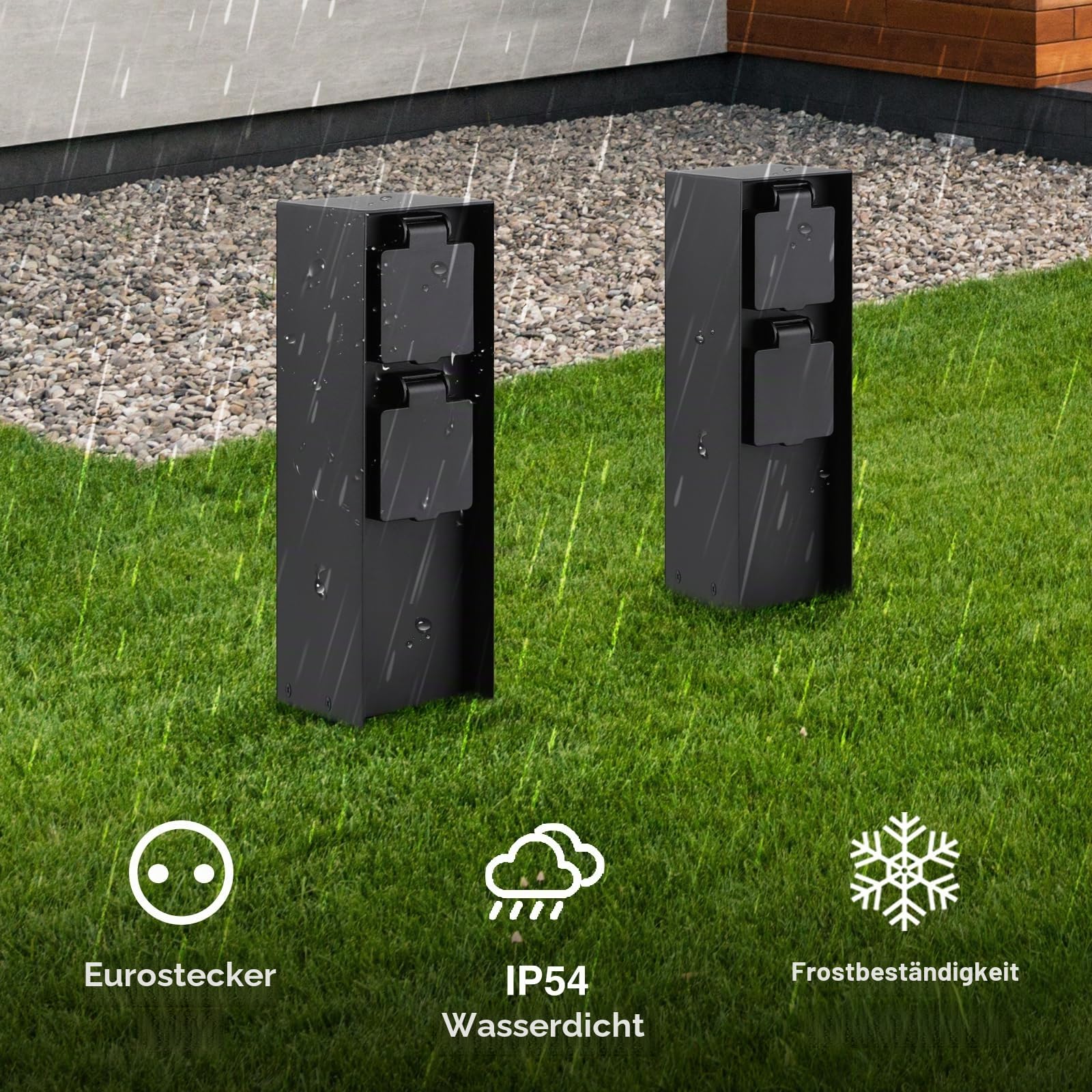 Gartensteckdosensäule mit 2 Steckdosen, max. 3680W, IP44, Aluminium Außensteckerdose, für den Außenbereich - eckig schwarz - 2 Stück