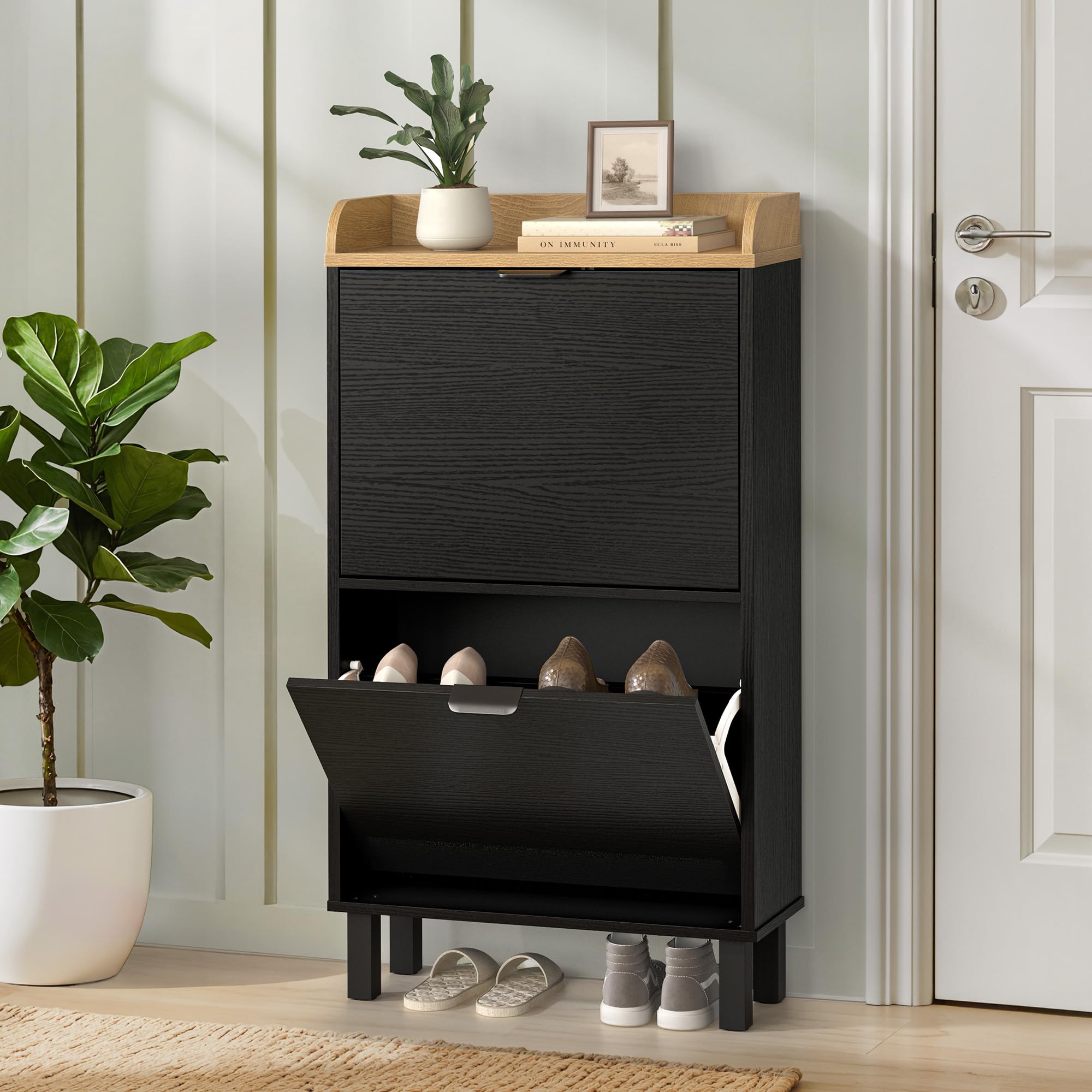 LUE BONA Schuhschrank schmal, Schuhschrank mit 2 Flip-Klappen, Schuhkipper mit Holzfüßen, Schuhregal Geschlossen Shoe Cabinet für Flur, Eingang, Diele, Garderobe, 51x91.5x19cm, Schwarz Küche, Haushalt & Wohnen