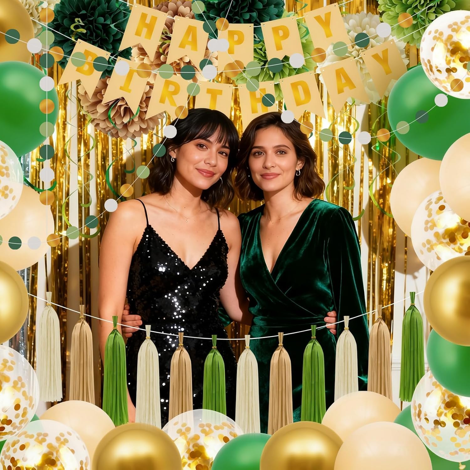 Décorations de fête d'anniversaire vert sauge, bannière « Happy Birthday », ballons confettis bohèmes imperméables de qualité, rideaux à suspendre, tourbillons faciles à assembler, ballons verts