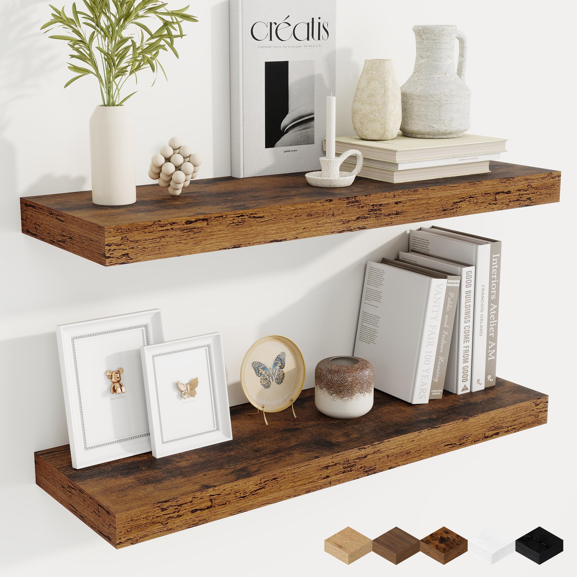 Fun Memories Floating Shelves for Wall, 30 Inch Rustic Wood Wall Mounted Shelves for Bathroom, Bedroom, Kitchen, Living Room, Floating Shelves for Storage & Home Decor (Brown,Set of 2)
