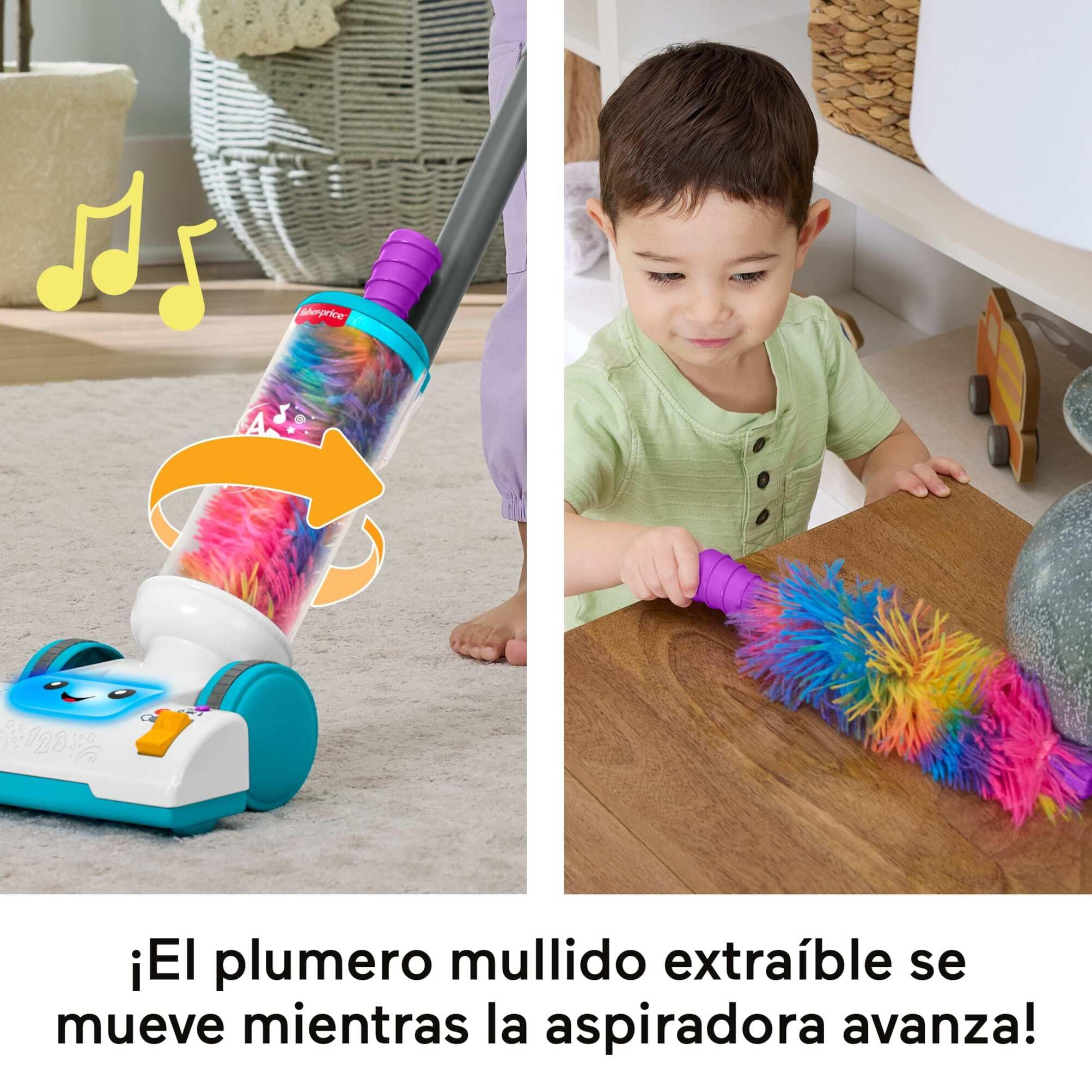 Fisher-Price Aspirador con Plumero 2 en 1 de Laugh & Learn, Incluye Luces y música para Disfrutar con Juegos de imitación, a Partir de 2 años, versión en Varios Idiomas, JMM34