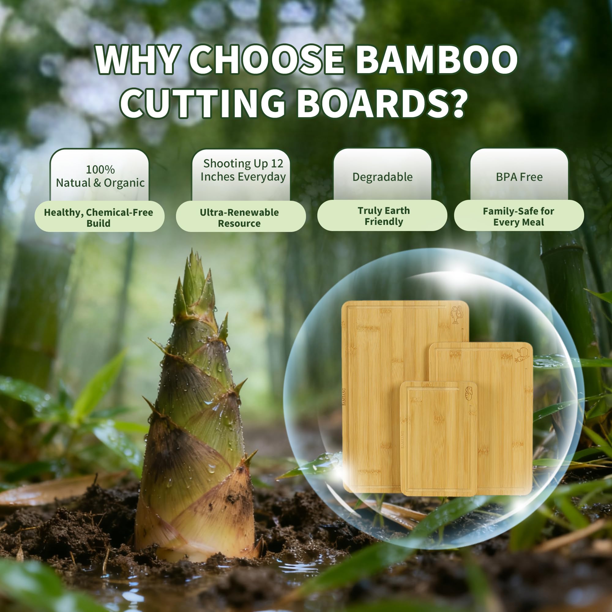 BAMBANG Juego de tablas de cortar de bambú, 3 tablas de cortar de madera para cocina, bloque de carnicero no tóxico con ranura para jugo, tablas de cortar grandes, medianas y pequeñas para carne