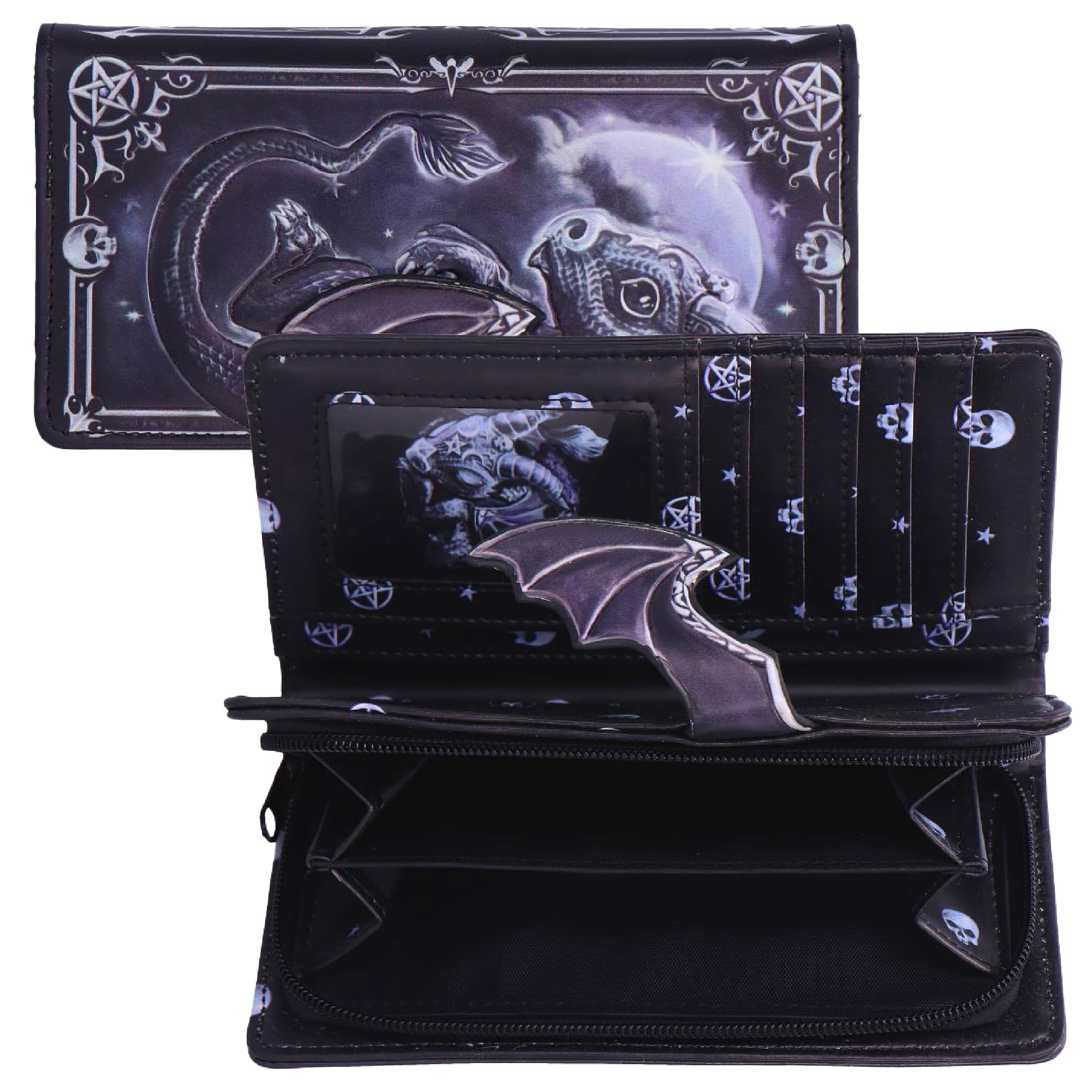Nemesis Now Moon of Lucifly Geldbörse mit Prägung – Gothic-Geldbörse mit Halbmondkunst, niedliche okkulte Fledermaus-Ziege, Kult-Cuties-Design, Kunstleder, Reißverschluss, für Damen, alternative
