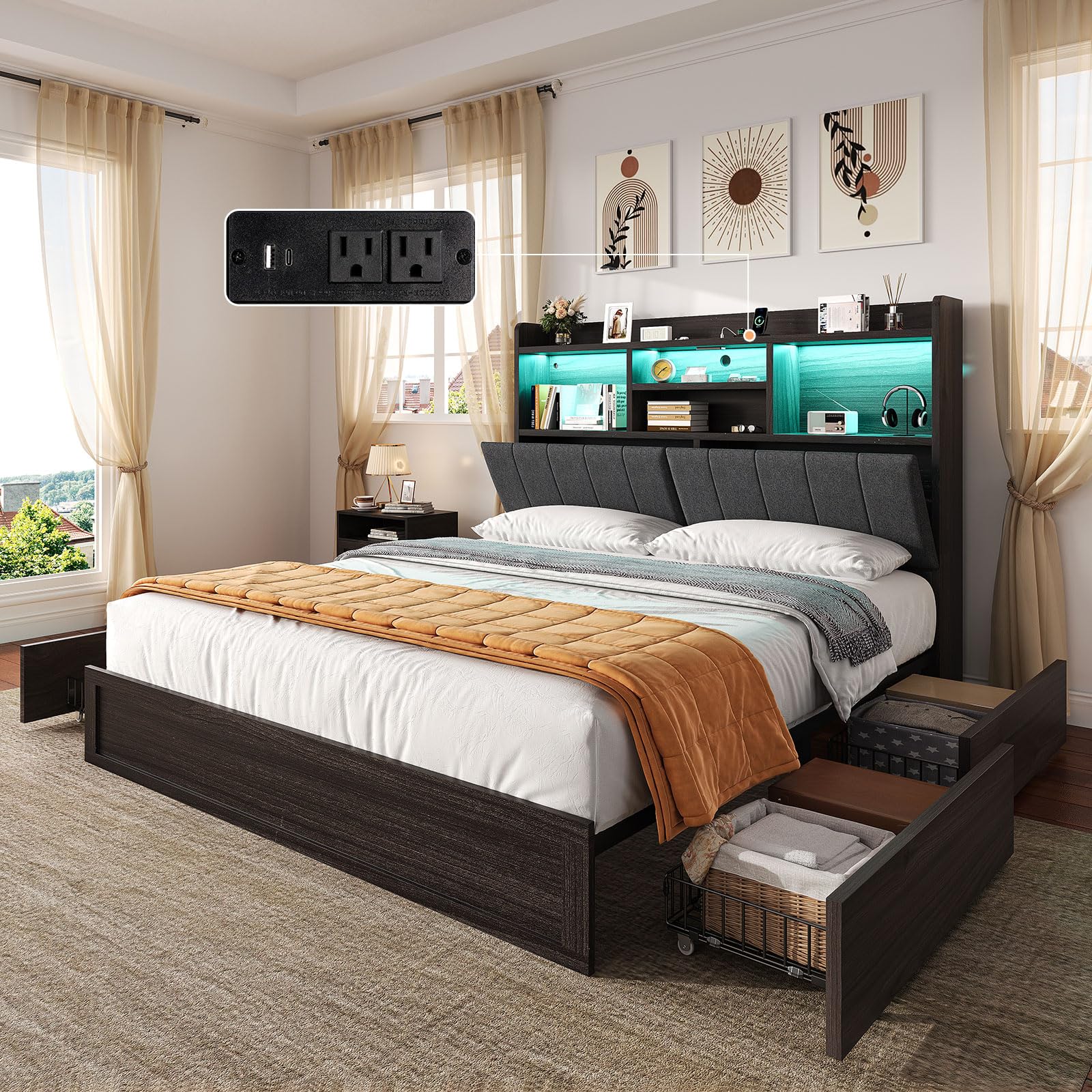 AMERLIFE King Size Bed Frame with 51 2 Tall Bookcase Headboard Farmhouse Platform Bed with 4 Storage Drawers