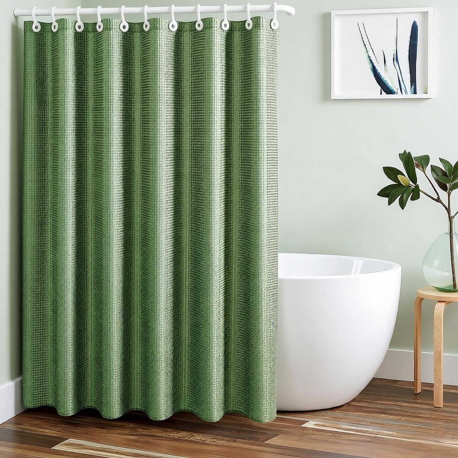 Shower Curtain for Bathroom,180x200cm Green Waffle Shower Curtain with Hook