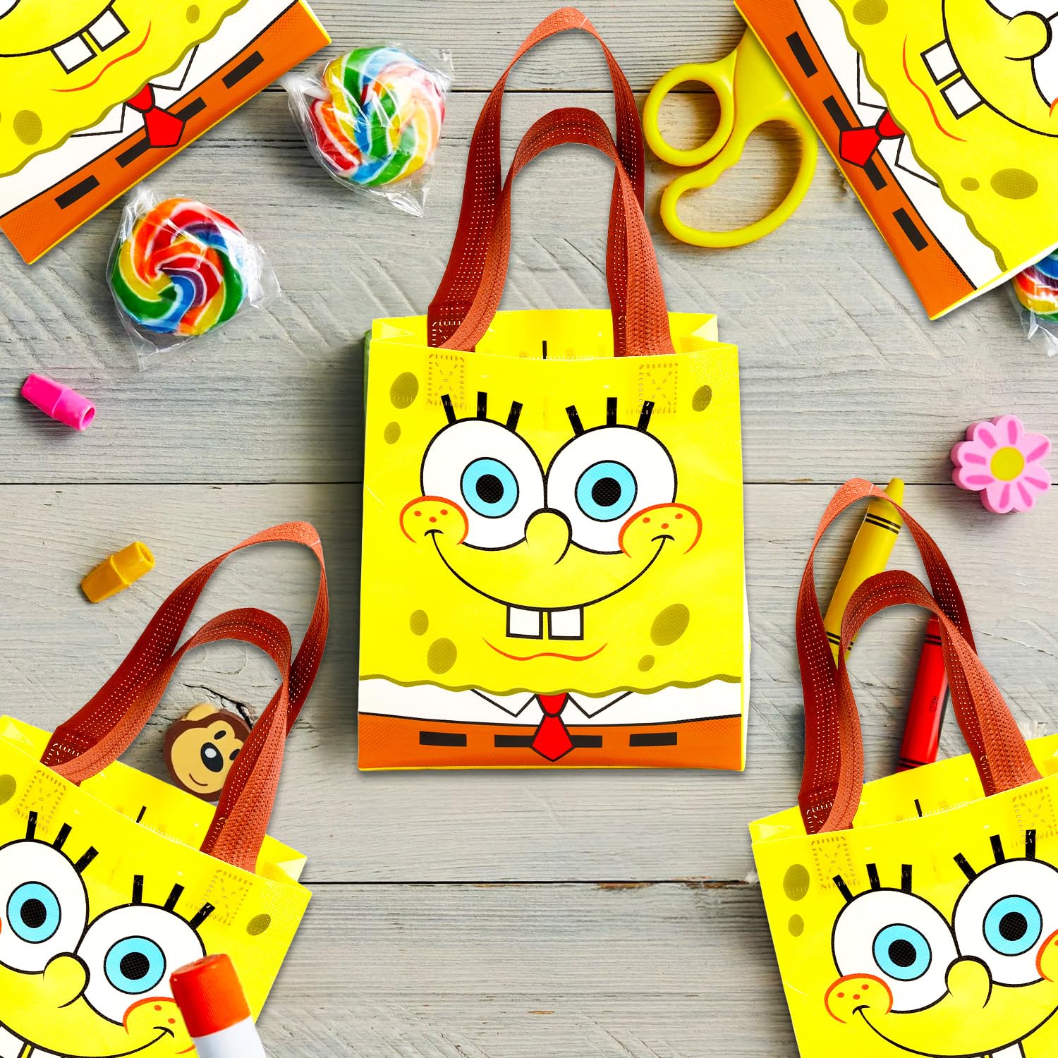 Spongebob - Set di 24 bomboniere con sacchetti per feste, mini libri da colorare, adesivi e tatuaggi temporanei, articoli per feste di compleanno Spongebob per bambini