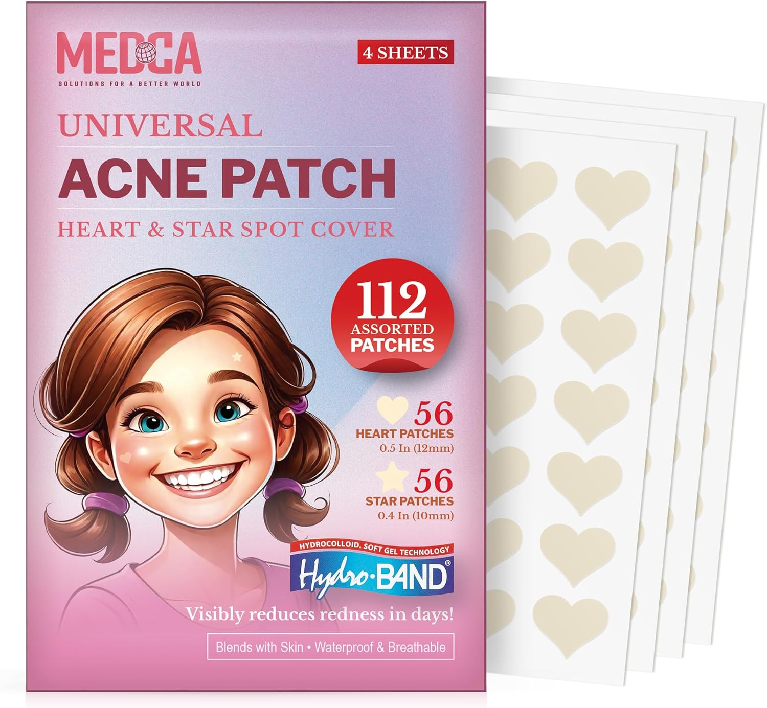 Acne Patch – Pack of 112, Pimple Spot Treatment Hydrocolloid Bandages Absorbing Zit Cover Dots, Heart And Star Shapes by MEDca