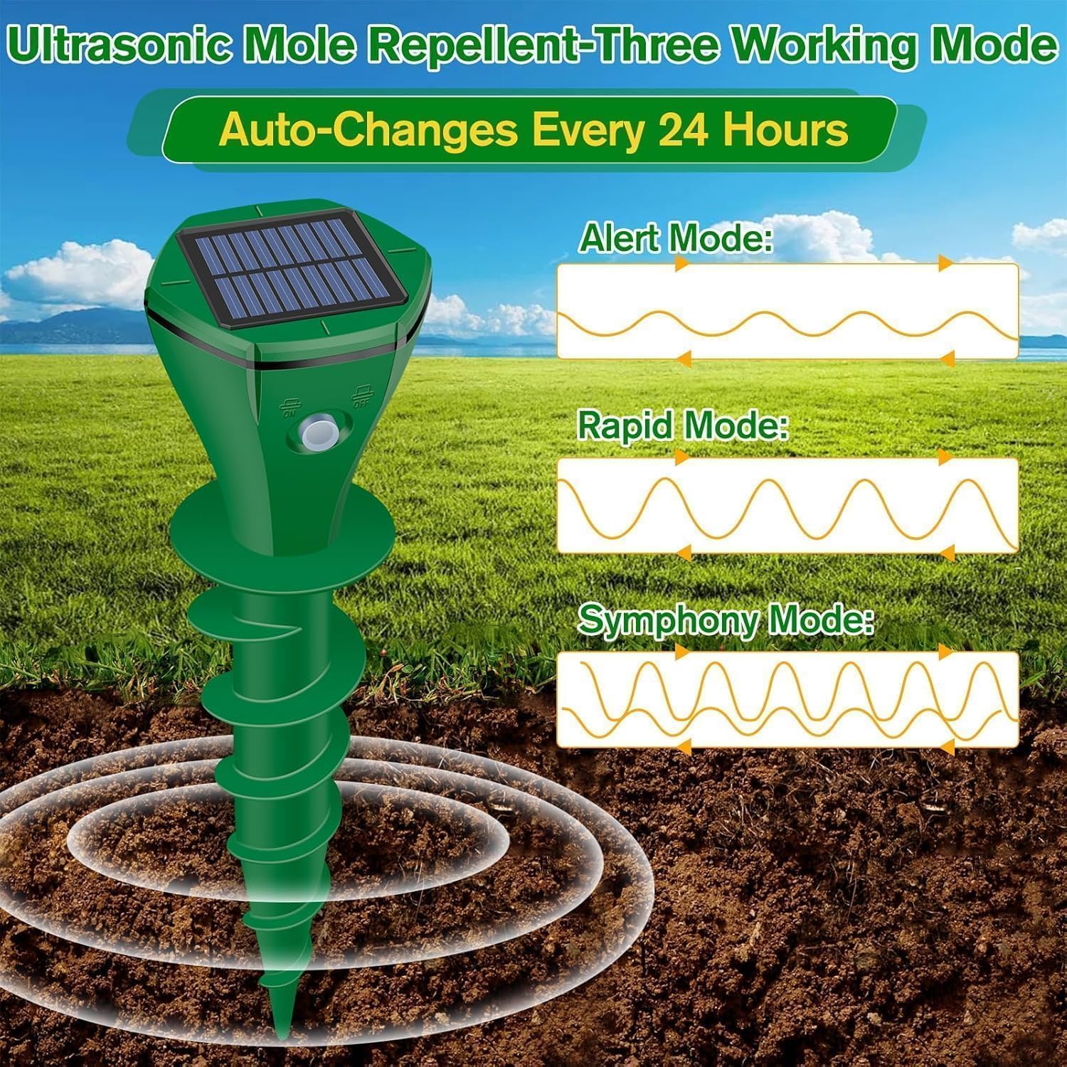 Mole Repellent Solar Powered,6 Pack Ultrasonic Gopher Repeller IP65 Waterproof for Lawn Garden Yard, Sonic Vole Repellent Mole Killer Outdoor Get Rid of Snake Groundhog Chipmunk Squirrels-Green