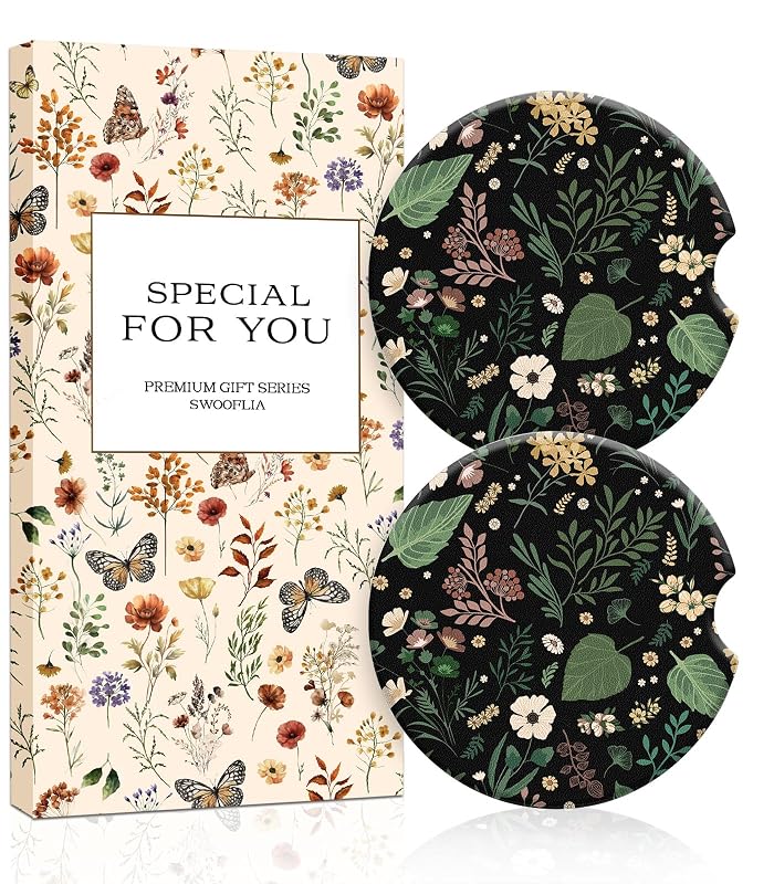 Kit com 2 Porta-Copos Automotivos de Cerâmica Absorvente Floral Swooflia, Flores e Folhas