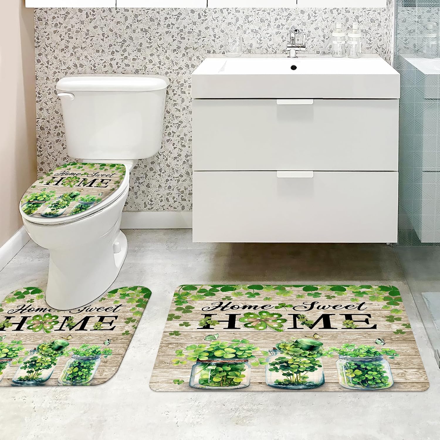 MEHOFOND 4pcs St. Patrick's Day Shower Curtain Set with Non-Slip Rugs Toilet Lid Cover and Bath Mat,Green Shamrock Clover Shower Curtain Set,Irish St Patrick's Day Home Sweet Home Bathroom Decor