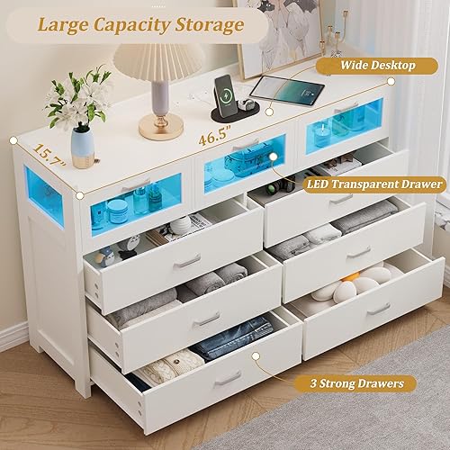 Miniatura 5 de Whalefall Cómoda blanca para dormitorio con 9 cajones, cómoda con luces LED y estación de carga, cómoda moderna con 3 cajones visuales, cómoda LED
