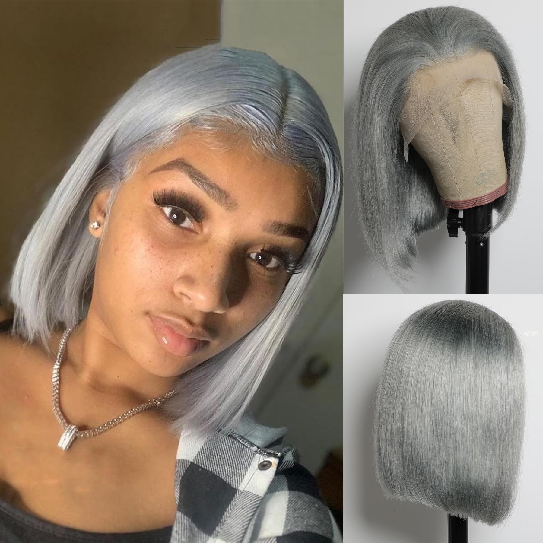 GIRLOFDREAMS Grey Bob Lace Front Wig Human Hair 13x4 Straight Frontal Wigs Glueless 180 Density Pre Plucked with Baby Hair Short Remy Transparent Lace Wigs for Black Women