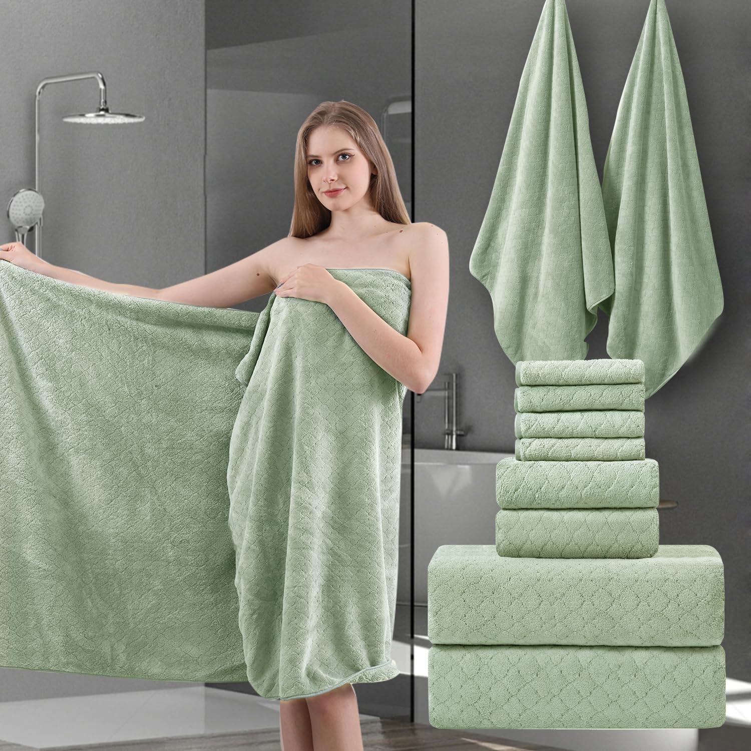 8-Piece Green Bath Towels Set,2 Oversized Large Bath Towels Sheet