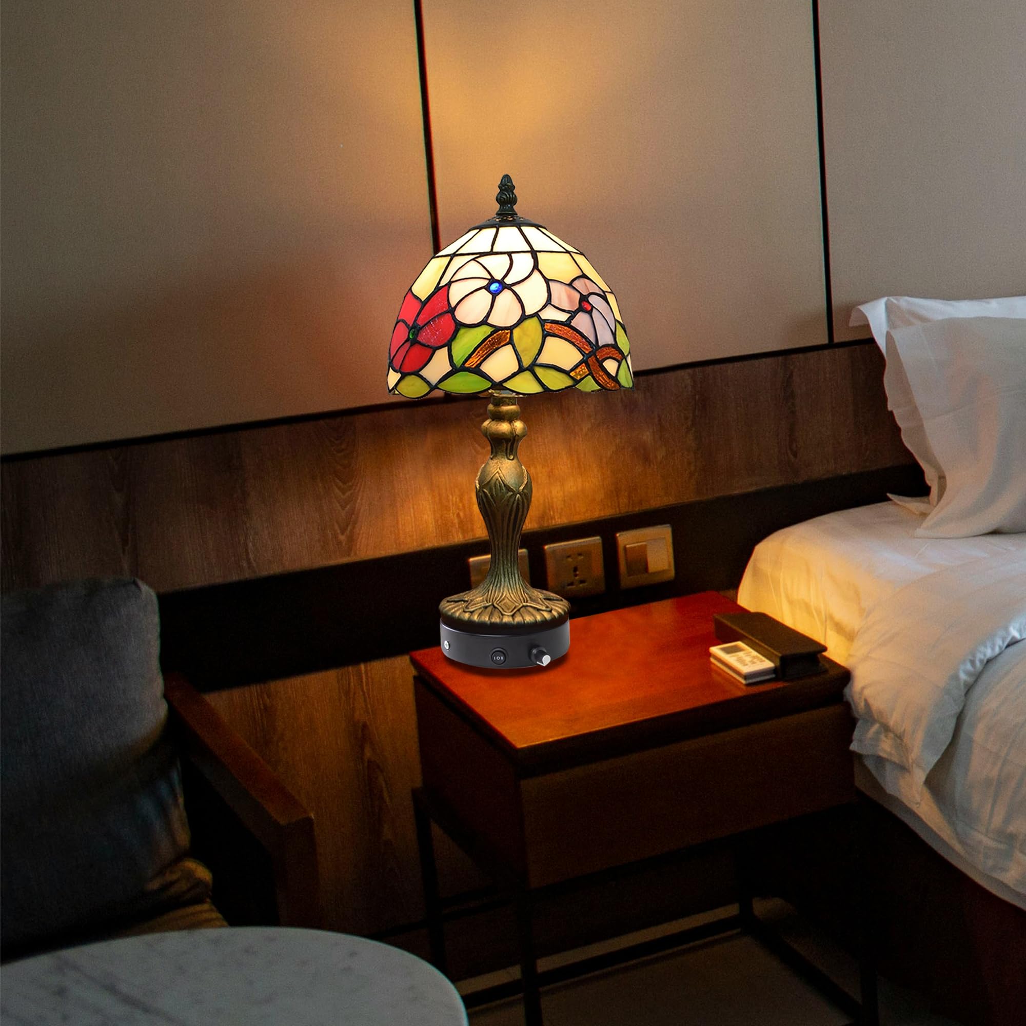 Tiffany-Stil Tischlampe Kabellos Warmweißes, Wiederaufladbar Tischleuchte, Dimmbar Nachttischlampe mit Glasschirm für Nachttisch Esszimmer Schlafzimmer -TD0769