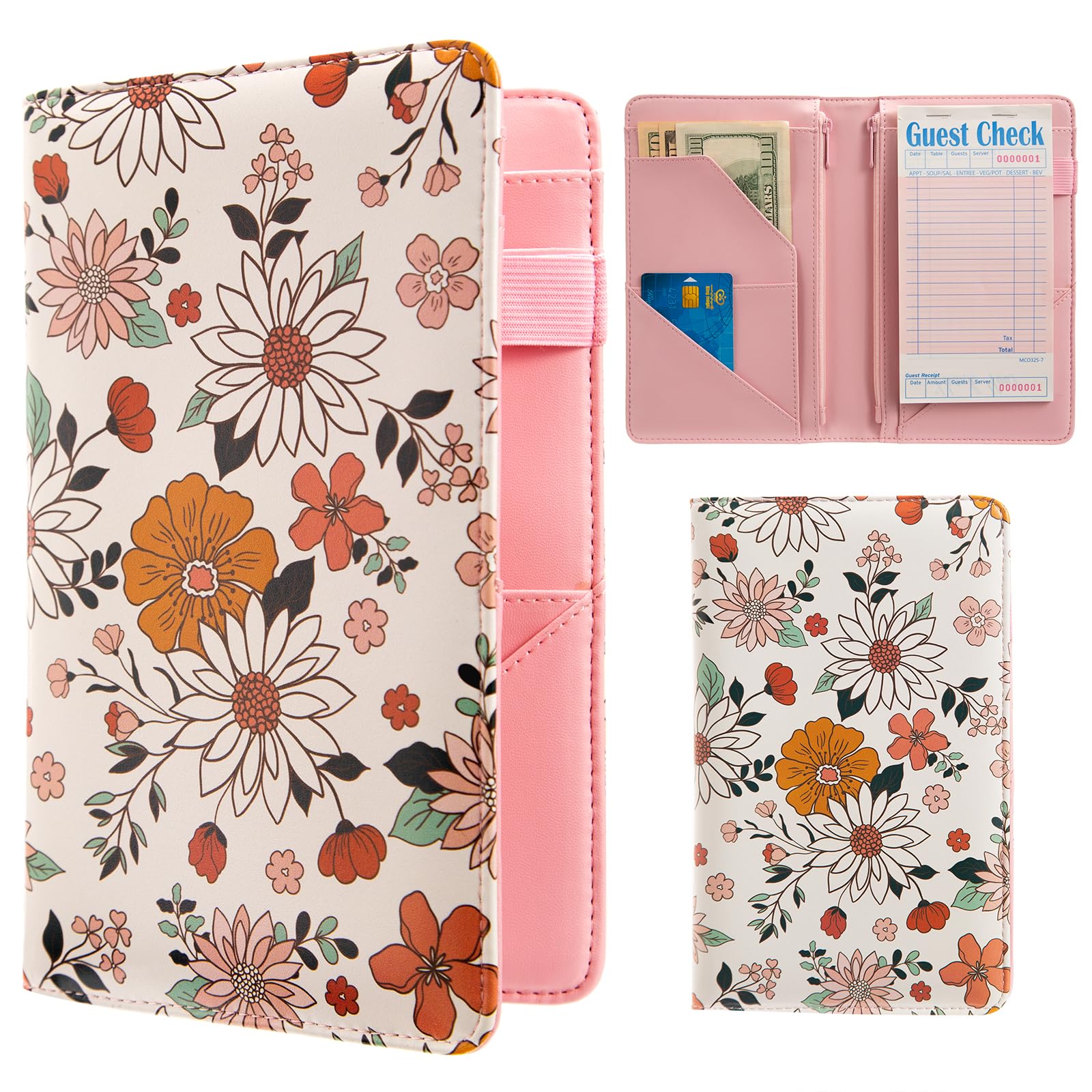 beceere Pink Server Book, Server Books for Waitress, Waitress Book with 2 Zipper Pocket, Cute Server Book, Server Note Pads Waitress Book with Money