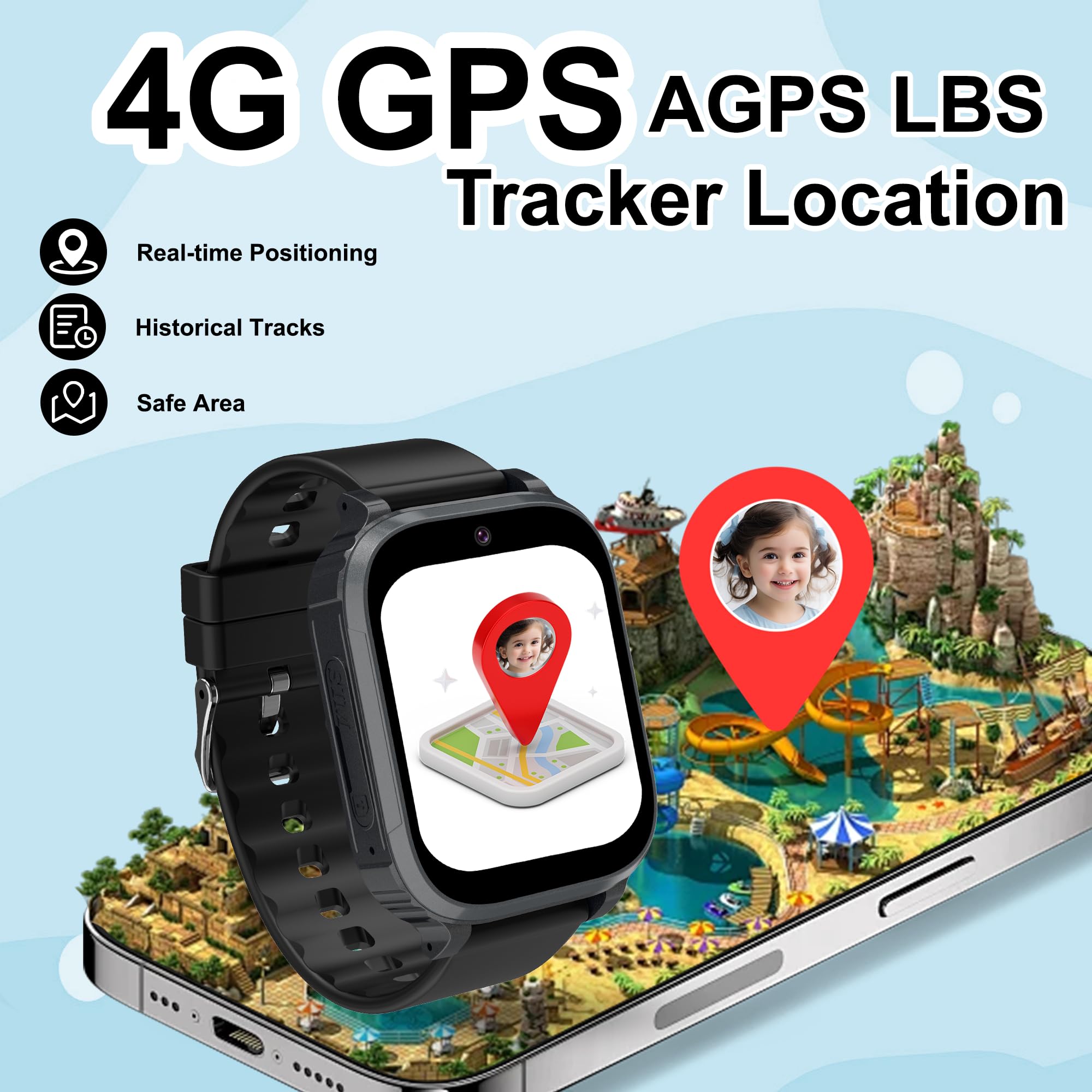 4G Reloj Inteligente Niño, Smartwatch Niños GPS y Llamadas,IP68 Impermeable Reloj GPS Niños Localizador y Llamadas Videollamada Teléfono SOS Chat Despertador Juego