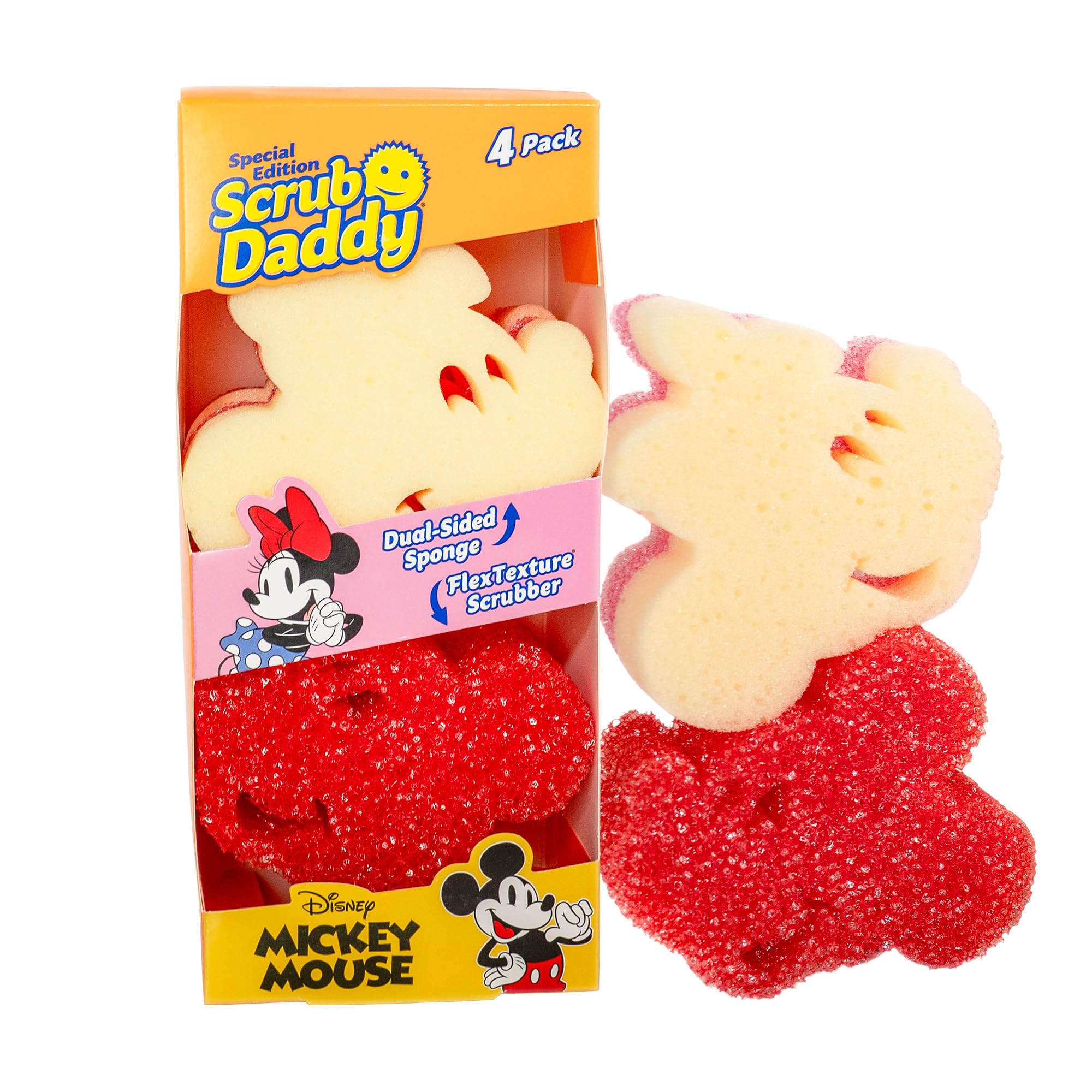 Scrub Daddy Mickey & Minnie Mouse Dish Sponges - Includes 2 Scrub Daddy Kitchen Sponges & 2 Scrub Mommy Dish Scrubbers - Dual-Sided, Odor-Resistant &