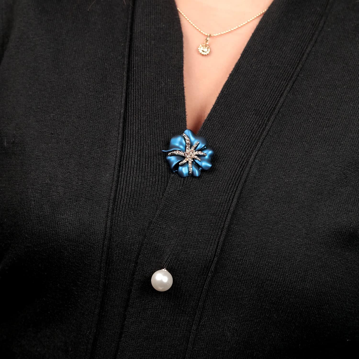 Gem Stone King Cultured Freshwater Pearl Blue Rose Flower Yellow Plated Large Brooch Pin for Women