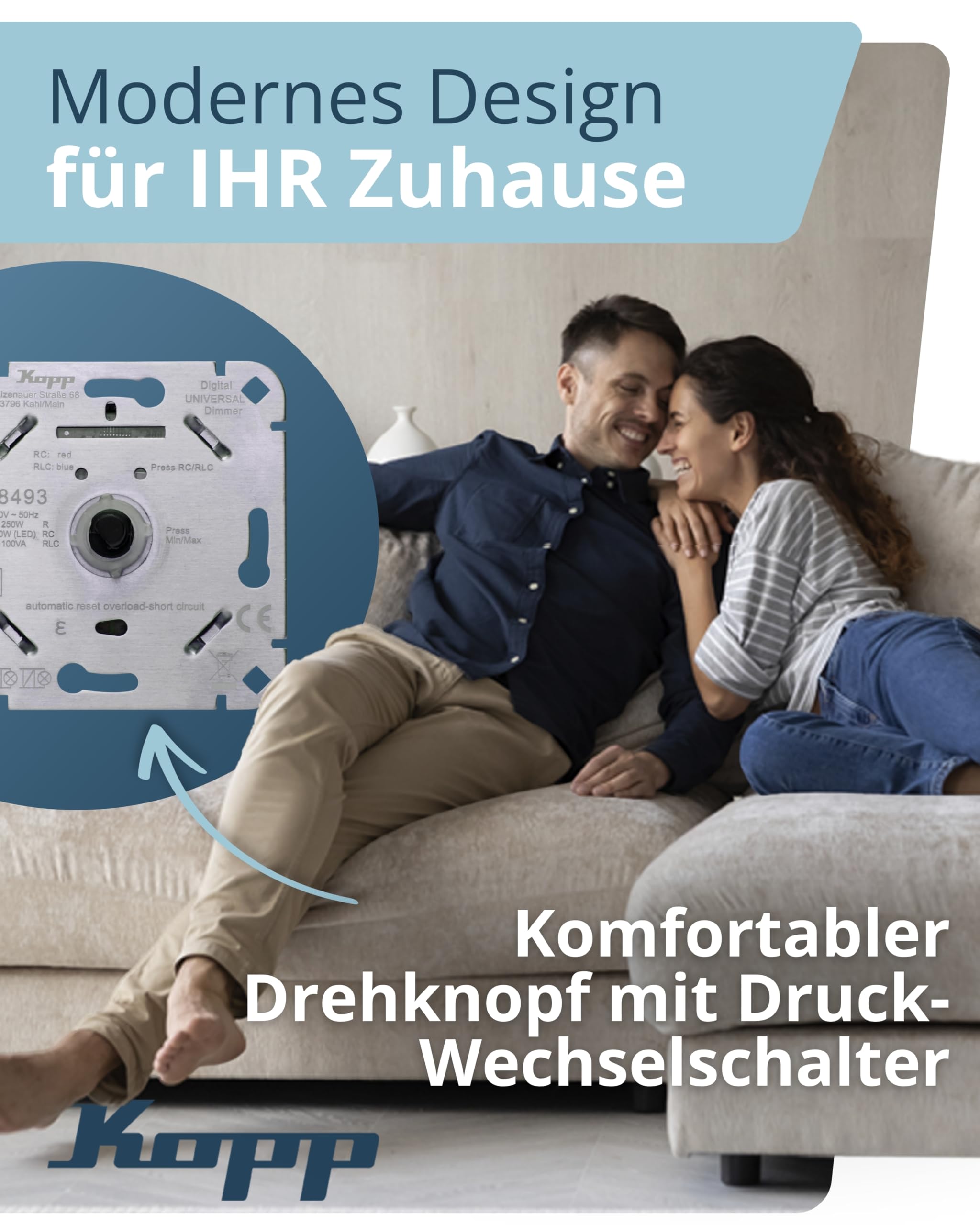 Kopp Digitaler LED-Druck-Wechseldimmer RLC 250 W, Glüh- und 230V-Halogenlampen, Phasenanschnitt und Phasenabschnitt, 230VAC, 50Hz, 250W, LED 150W, 100VA