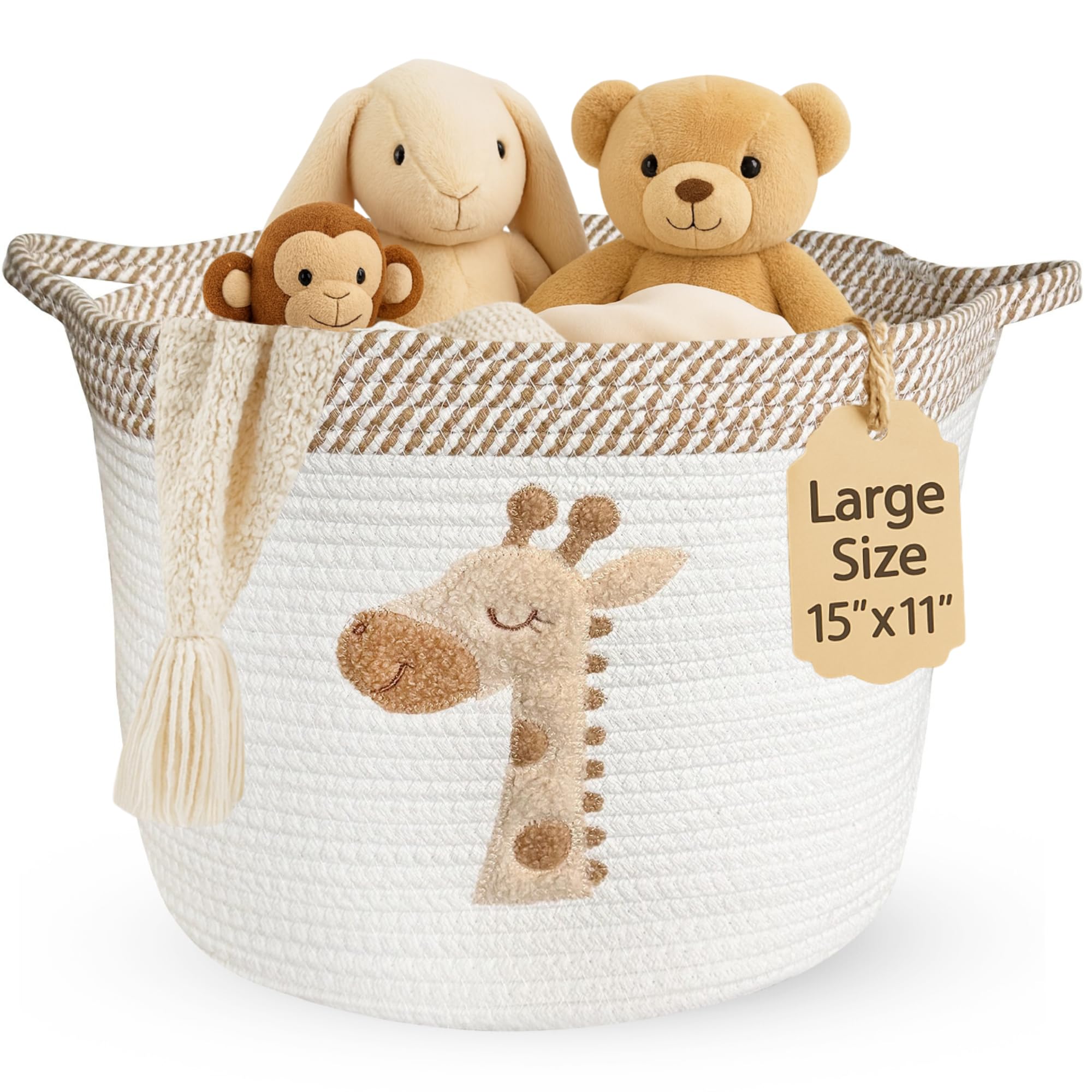 Giraffe Storage Basket for Nursery – Large 15”x11” Cotton Rope Bin with Soft Felt Animal Patch – Toy Organizer, Baby Laundry Hamper, Diaper & Towel