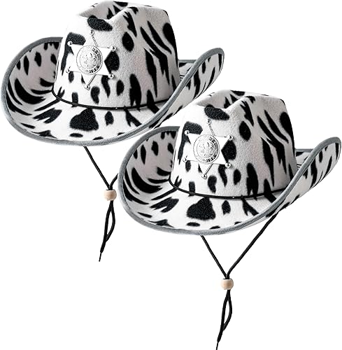 Spooktacular Creations 2 sombreros de vaquero con estampado de vaca de fieltro, sombrero de vaquera para niñas, accesorio de disfraz de Halloween,