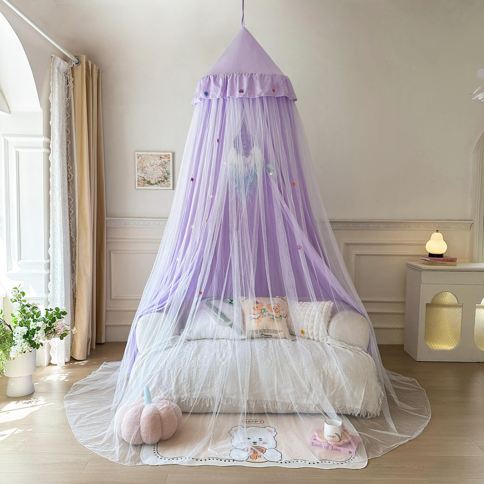 Bed Canopy for Girls with Star Lights, Round Dome Pincess Canopy Bed Curtains , Elegant Double Layer Mosquito Net, Girls Play Tent, Kids Reading Nook Canopies, Dreamy Bedding for Girls Room Decor