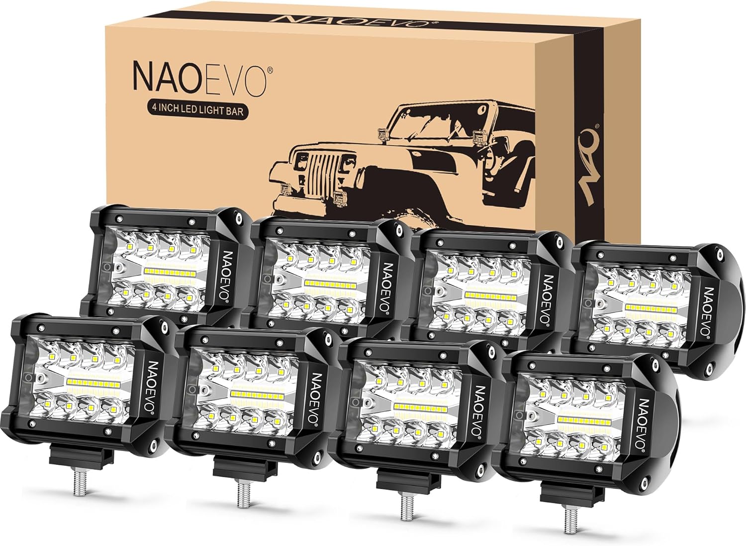 NAOEVO 4 Inch LED Pod Lights, LED Fog/Driving/Off Road Lights LED Light Bar with Spot Flood Combo, LED Cube Work Lights for Truck Boat ATV UTV Pickup, 8 Pcs (White)