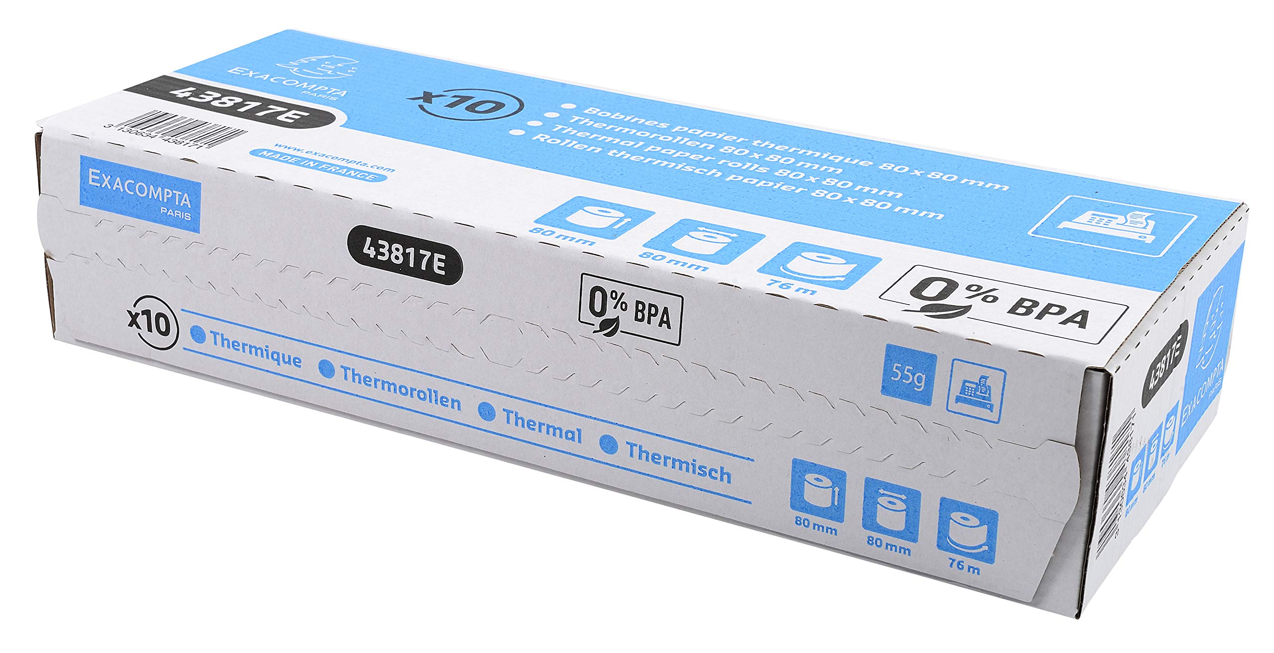 Bobines caisses Exacompta 43817E - l 80 mm x L 76 m, Ø 80 mm - 1 pli(s) - paquet de 10