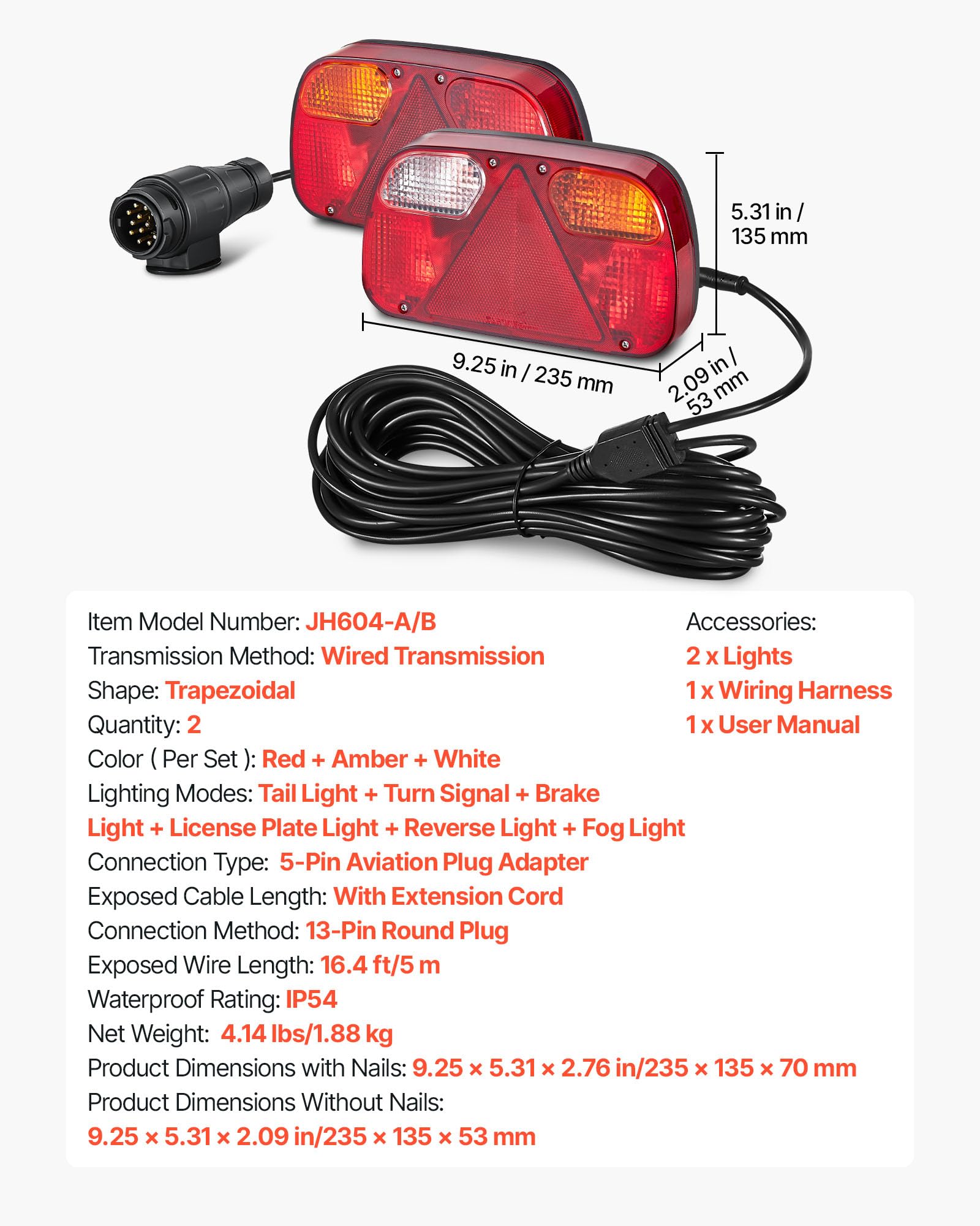 VEVOR Anhängerlichter Anhängerleuchten 2 Stk. mit 6 Modi (Bremslicht/Blinker/Rücklicht/Kennzeichen/Rückfahrscheinwerfer/Nebelscheinwerfer), Anhängerbeleuchtungsset mit Kabelbaum für Lkw