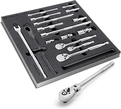 Miniatura 1 de Powerbuilt Master 949009 - Juego de trinquete y accesorios, herramientas de accionamiento de 16 piezas, 14, 38 y 12 pulgadas, barras de extensión,