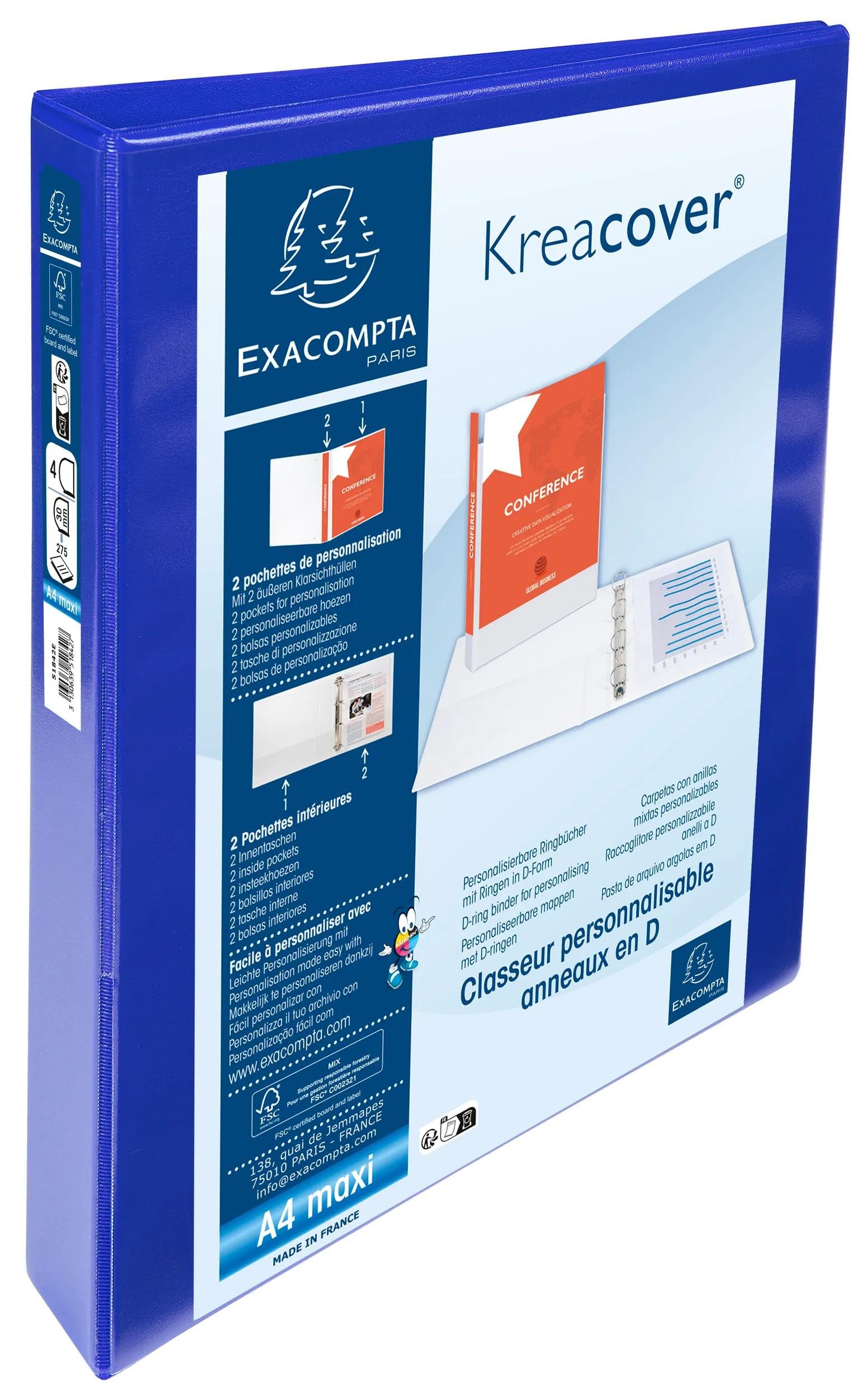 Exacompta - Réf. 51842BE - Carton de 10 classeurs personnalisable 3 poches - 4 anneaux en D de 30 mm - Dos 47 mm - Dimensions extérieures : 32 x 27,7 cm - Format à classer A4 Maxi - Bleu