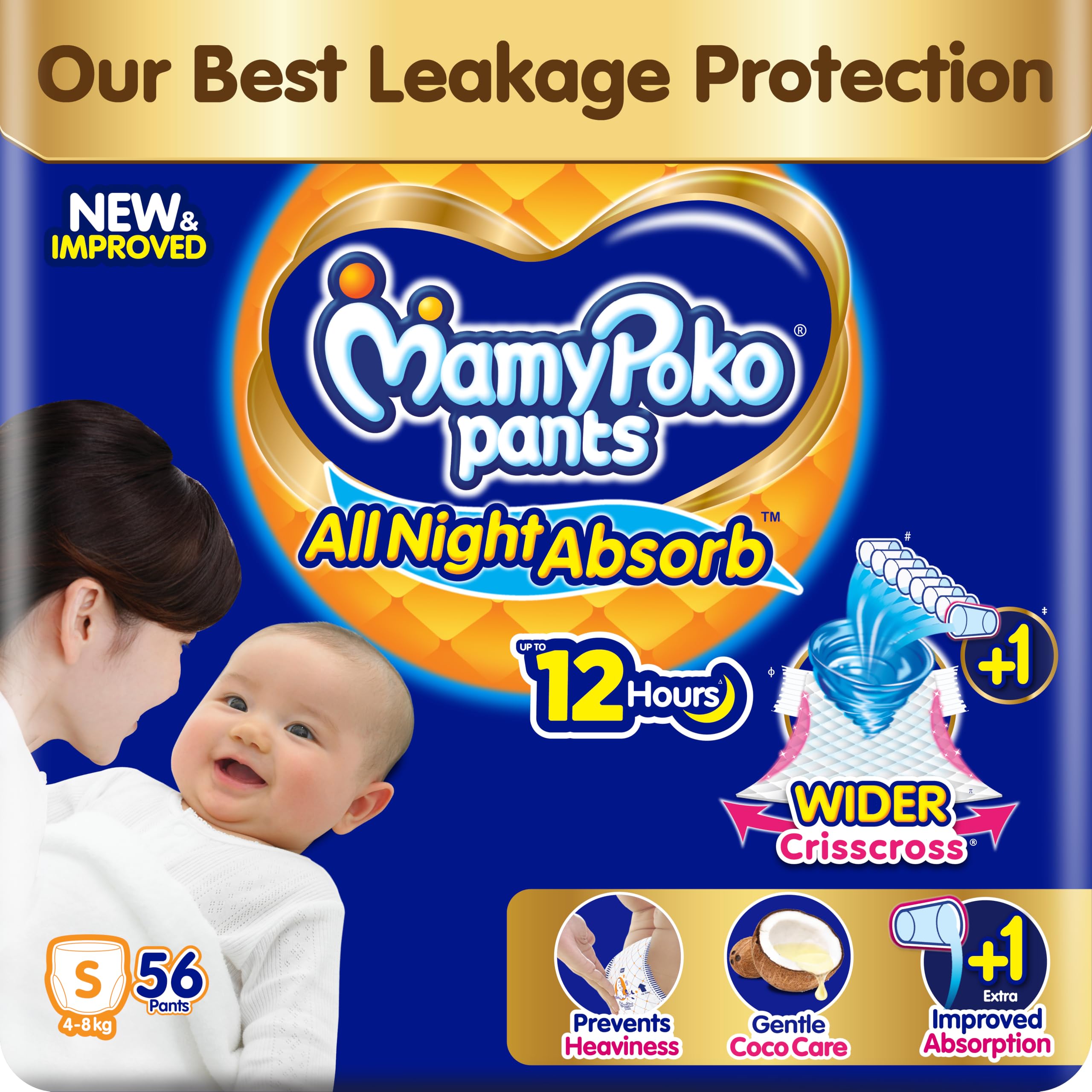 New Mamypoko Pants Premium All Night Absorb| Pant Style Baby Diapers Small Size(S), 56 Count, Ideal for 4-8Kgs|1 Diaper= Upto All Night Absorption now with increased power of +1glass|Wider Crisscross Sheet|Gentle Coco Care| 12hr Leakage Protection| Prevents Heaviness.-image-35