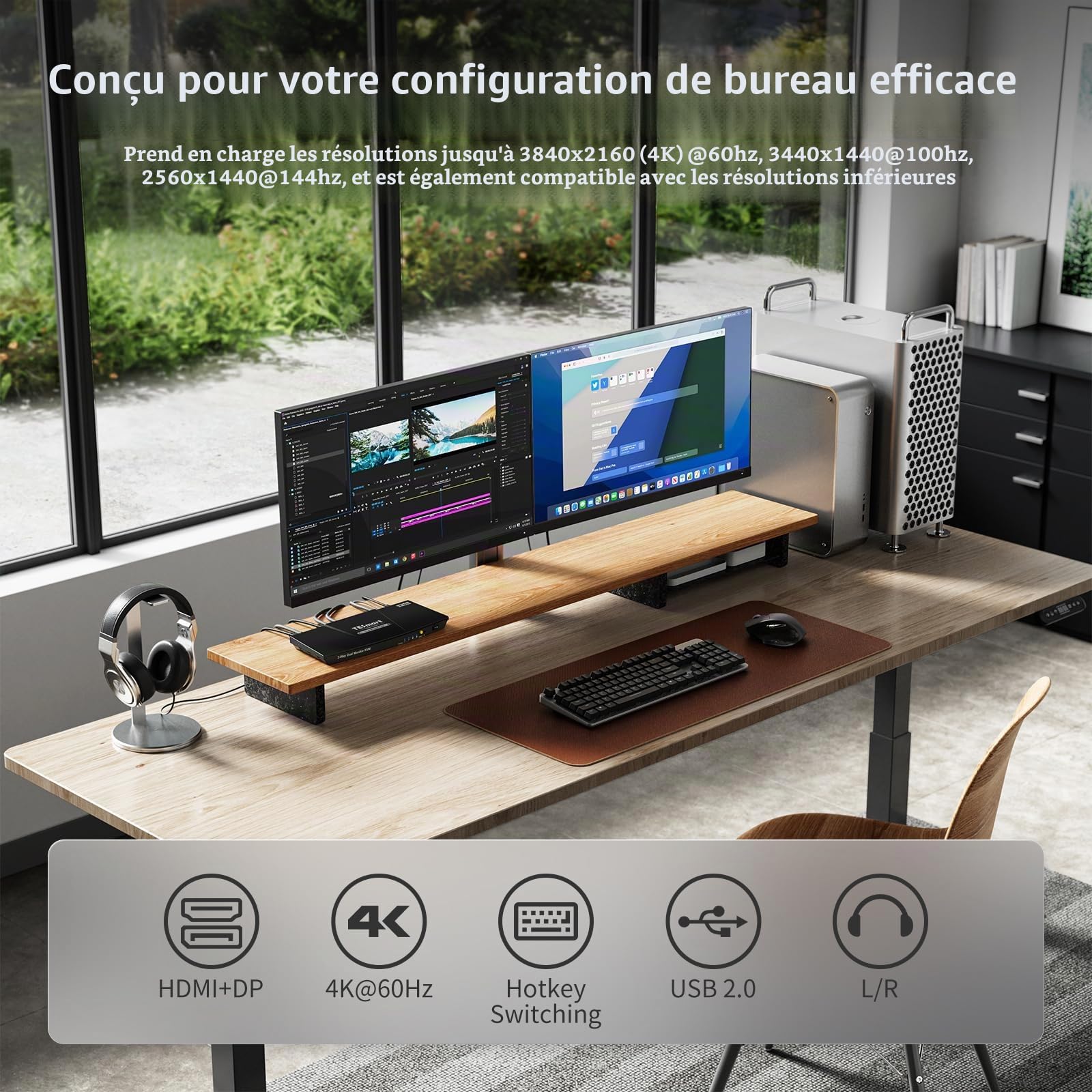 TESmart Commutateur KVM DisplayPort + HDMI 2 PC 2 écrans 4K@60Hz KVM Dual Monitor 2 ports mode étendu émulation EDID USB 2.0 audio L/R raccourcis clavier